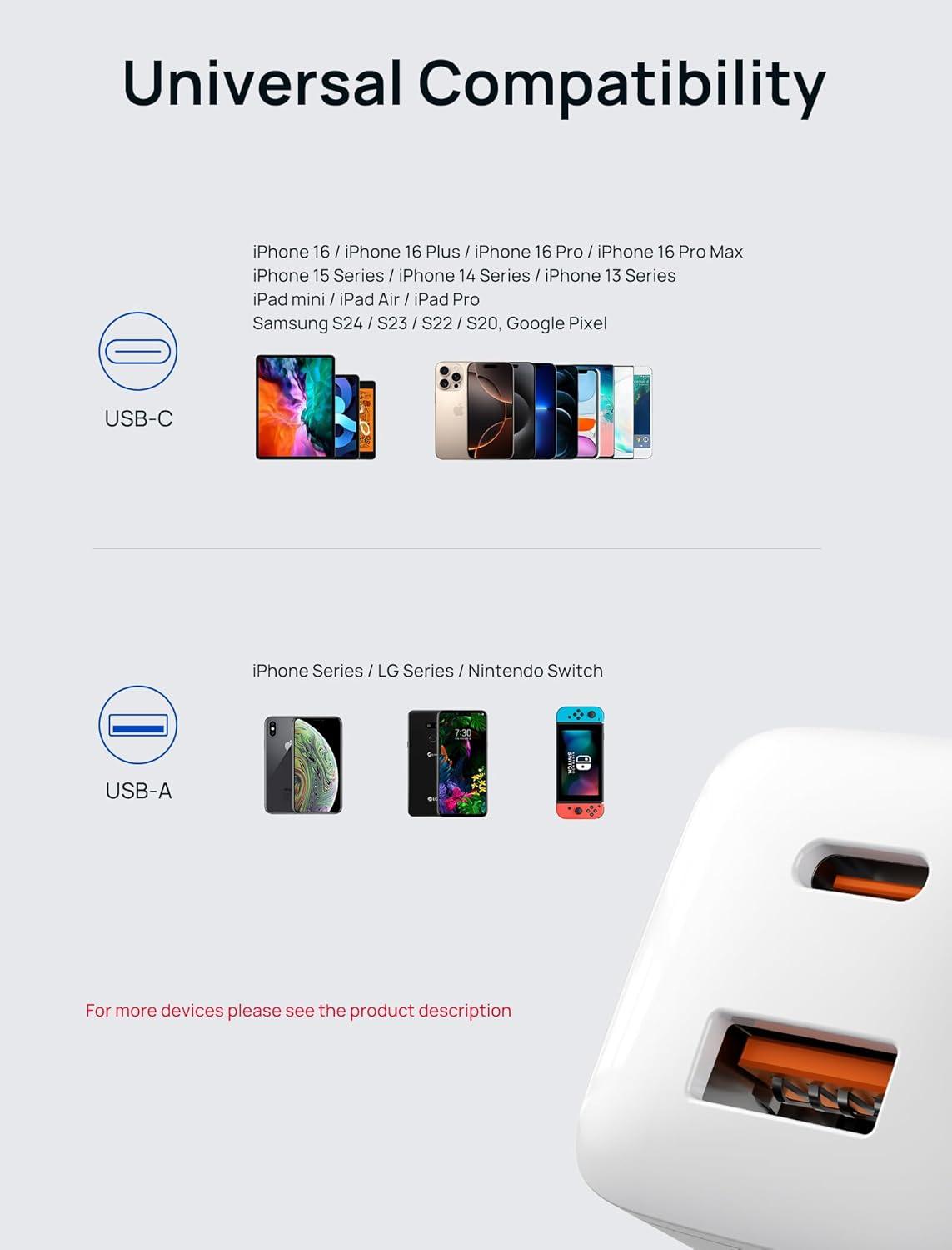 imageUSB C Charger Block JSAUX 20W Dual Port Fast Charger for iPhone 16 Charger USB Type C PD ampamp QC 30 Foldable Wall Plug Adapter for iPhone 17 16 15 14 13 12 Pro Max Apple Watch iPad Pro Air AirpodsWhite