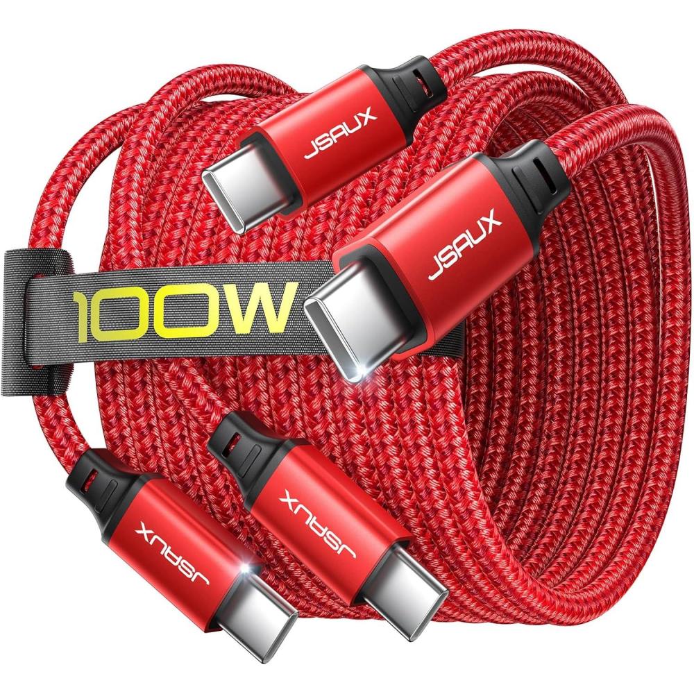 imageJSAUX 100W USB C to USB C Cable 2Pack 66FT Type C Fast Charging Cord Compatible with iPhone 17iPhone AiriPhone 17 ProiPhone 17 Pro Max iPhone 1615 Series Galaxy SNote MacBook iPad  GreyRed