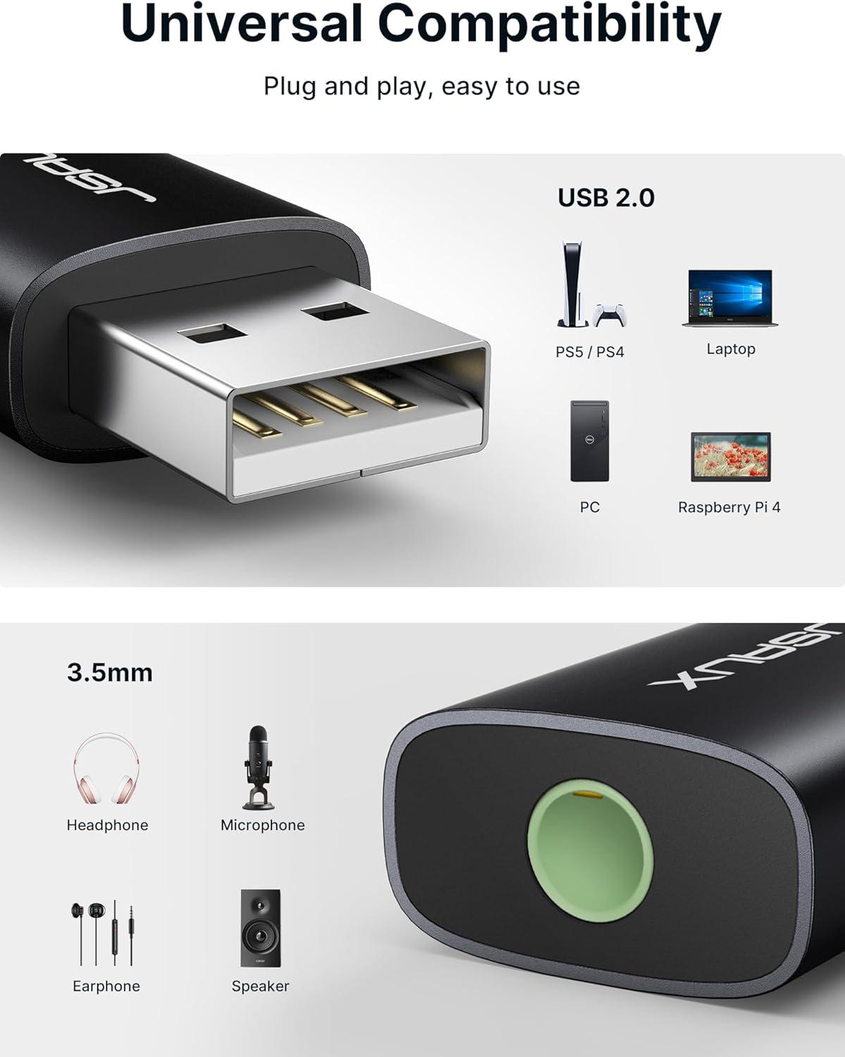 image2 Pack USB to 35mm Jack Audio Adapter JSAUX USB to Audio Aux Adapter External Stereo Sound Card TRRS Female Headset for PS4 PS5 HeadphoneMac Linux Laptop Desktops Docking Stationblack