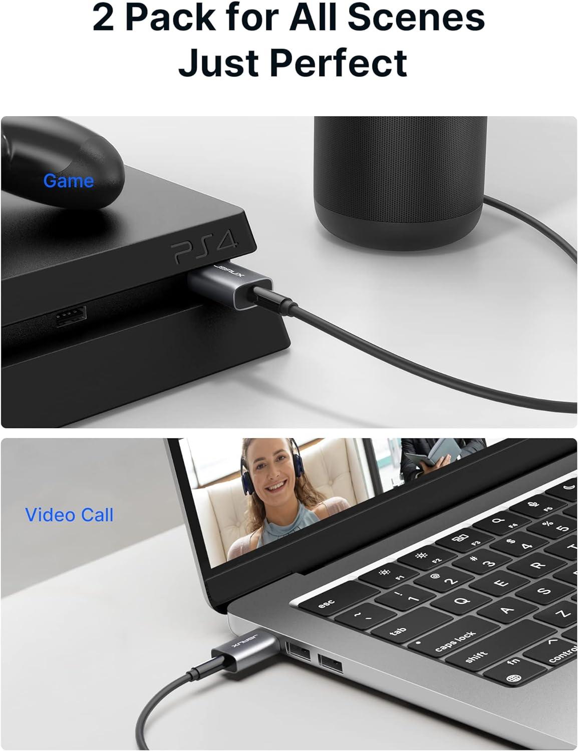 image2 Pack USB to 35mm Jack Audio Adapter JSAUX USB to Audio Aux Adapter External Stereo Sound Card TRRS Female Headset for PS4 PS5 HeadphoneMac Linux Laptop Desktops Docking StationGrey