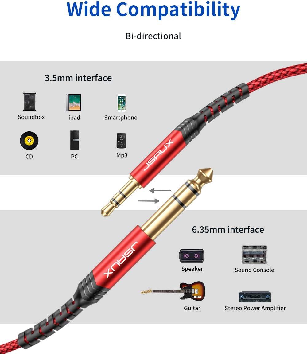 image35mm to 635mm Stereo Audio Cable JSAUX 635mm 14quot Male to 35mm 18quot Male TRS Bidirectional Stereo Audio Cable Jack 4FT for Guitar iPod Laptop Home Theater Devices Speaker and AmplifiersRedRed