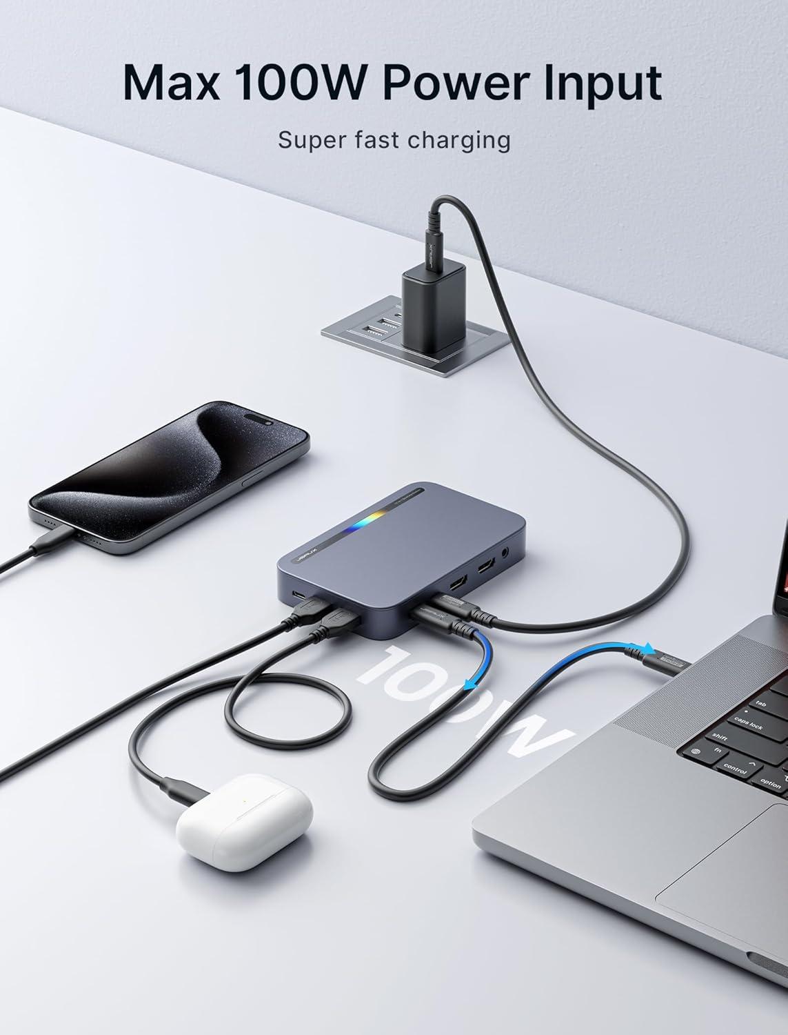 imageJSAUX 12 in 1 USB C Docking Station 3 Monitors for MacBookDellHPLenovoSteam DeckPortable Monitor Laptop Docking Station with 4K DP 4K HDMI2 100W PD USB 30 1000Mbps Ethernet SDTF12 in 1