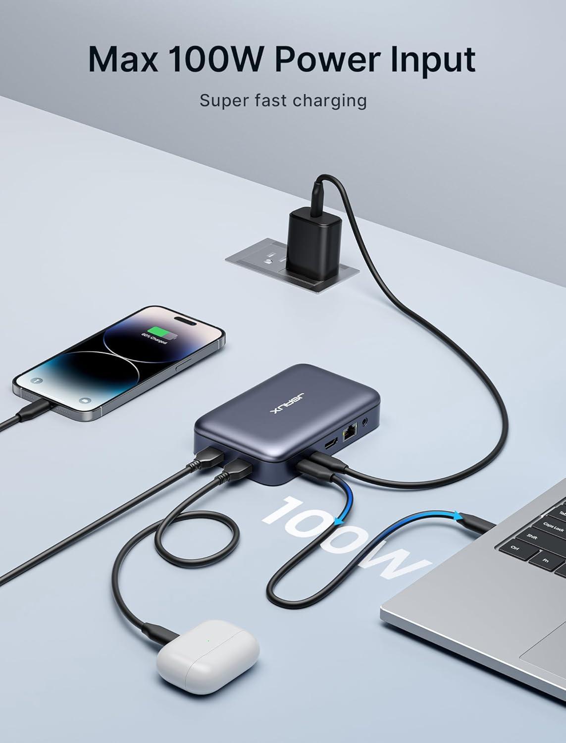 imageJSAUX 12 in 1 USB C Docking Station 3 Monitors for MacBookDellHPLenovoSteam DeckPortable Monitor Laptop Docking Station with 4K DP 4K HDMI2 100W PD USB 30 1000Mbps Ethernet SDTF10 in 1  Magnetic