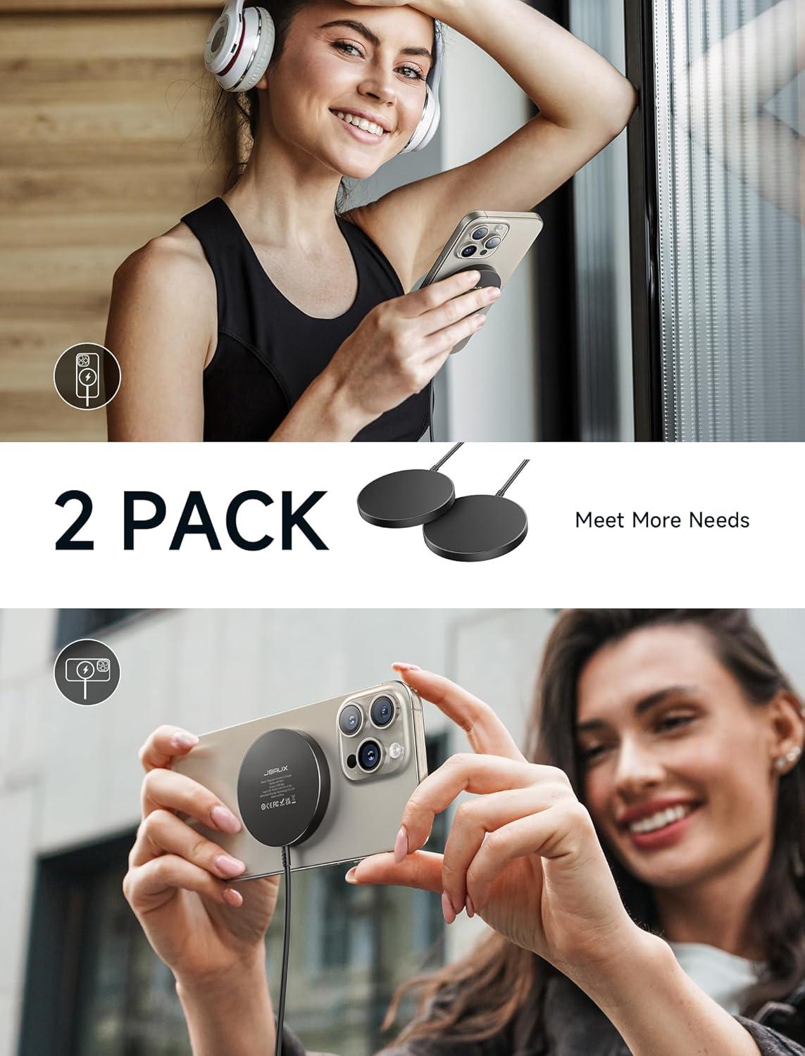 imageJSAUX 15W Magnetic Wireless Charger 2Pack Fast Charging Compatible with MagSafe Charger iPhone 17 Air Pro Max1615141312 SeriesAirpods BlackBlack