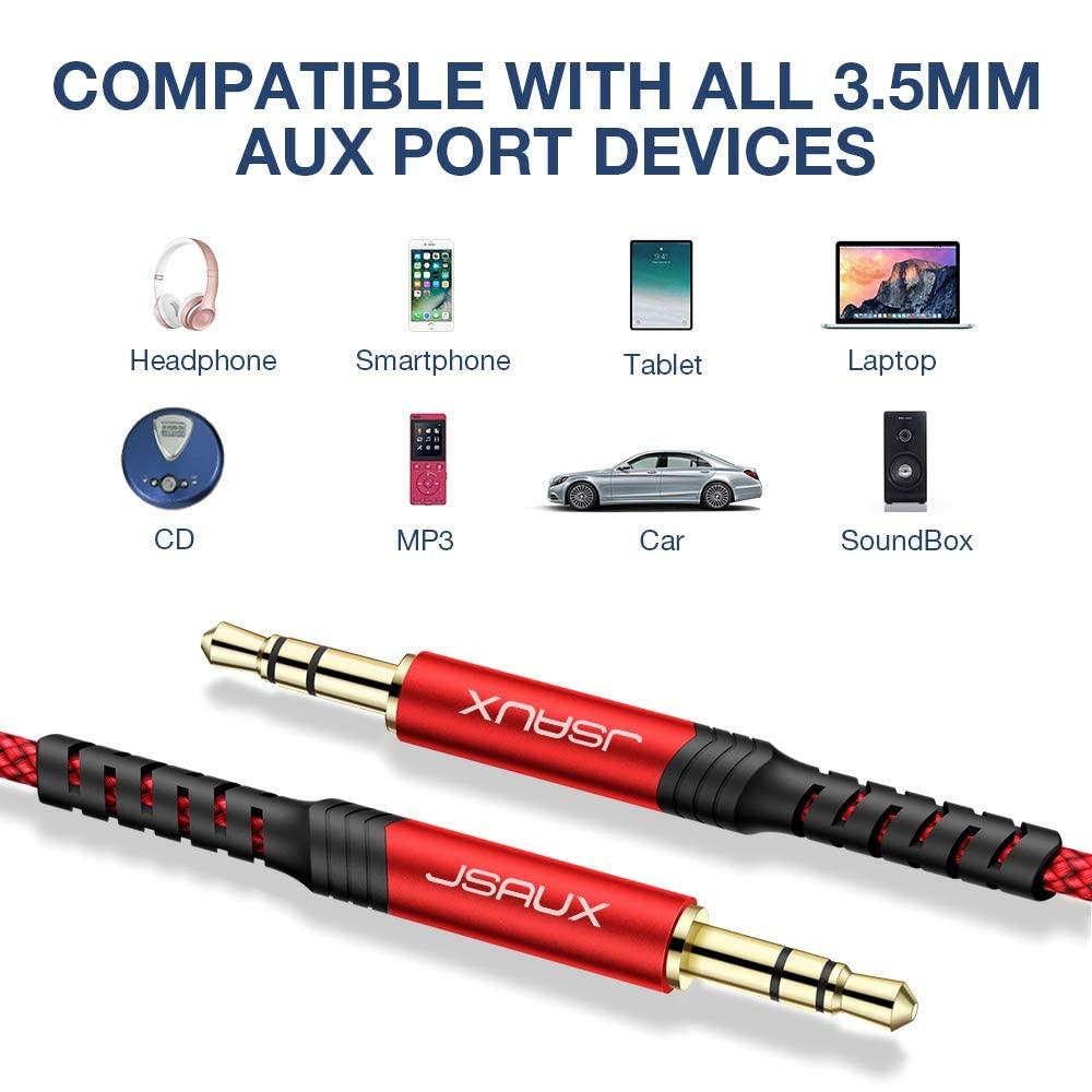 imageJSAUX 2 Pack AUX Cable 4ft12m Copper Shell HiFi Sound 35mm TRS Auxiliary Audio Cable Nylon Braided Aux Cord Compatible with CarHome StereosSpeakerHeadphonesSonyEcho DotBeats  RedRed
