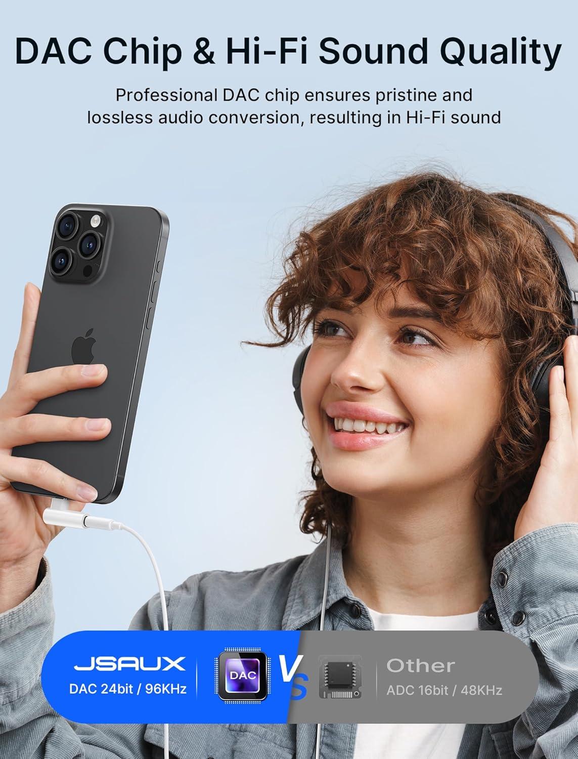 imageJSAUX 2 Pack Right Angle USB C to 35mm Audio Adapter Type C to Aux Headphone Jack Adapter with 24bit DAC HiFi Dongle Compatible with Galaxy S24S23 Ultra Pixel 98 iPad Pro MacBook iPhone 1716White