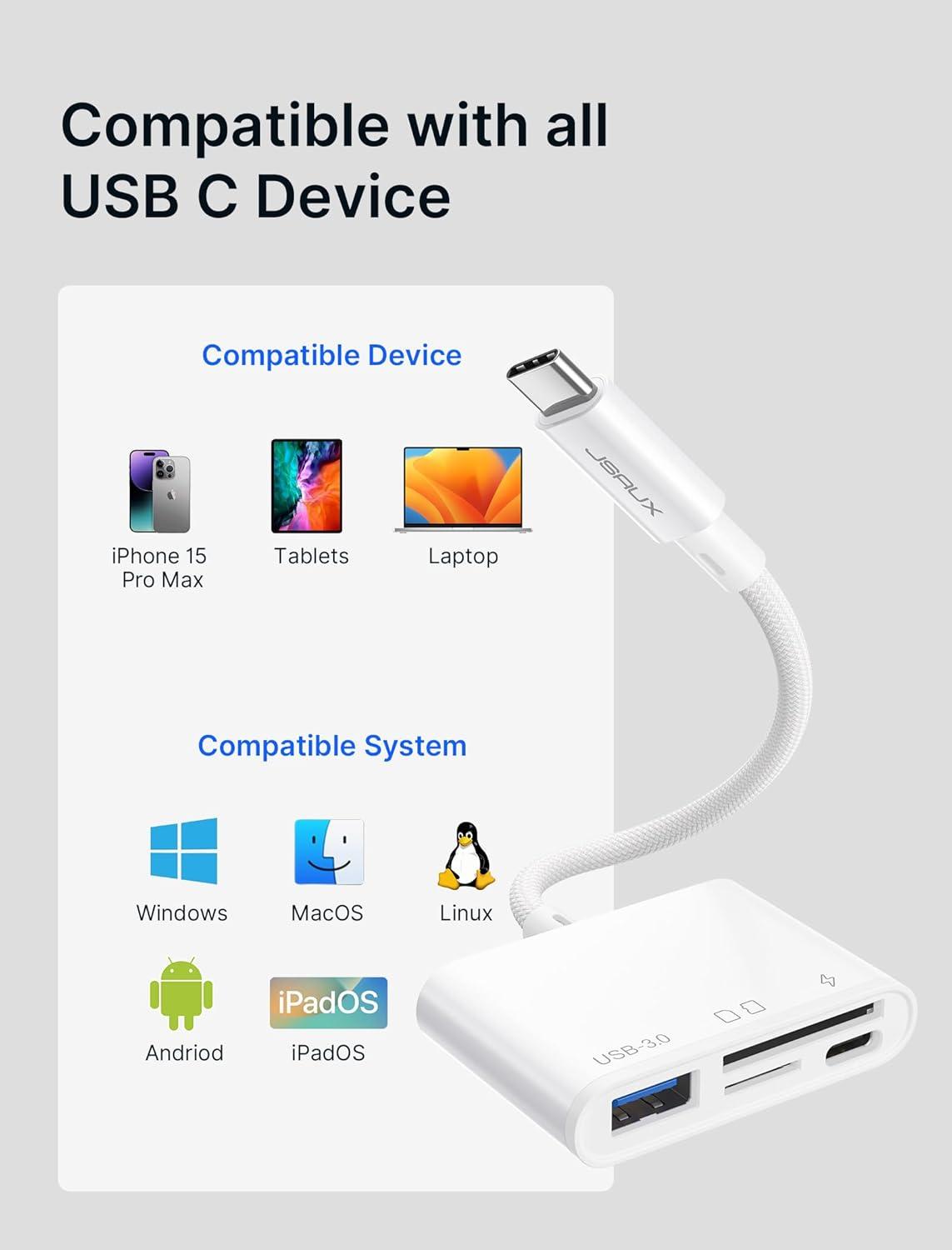 imageJSAUX 3in1 SD Card Reader USB C 5Gbps with PD 60W Fast Charging Type C Micro SD Memory Card Reader for TF SD Micro SD SDXC SDHC Compatible with iPhone 16 Pro Max MacBook Galaxy iPad Pro CameraWhite