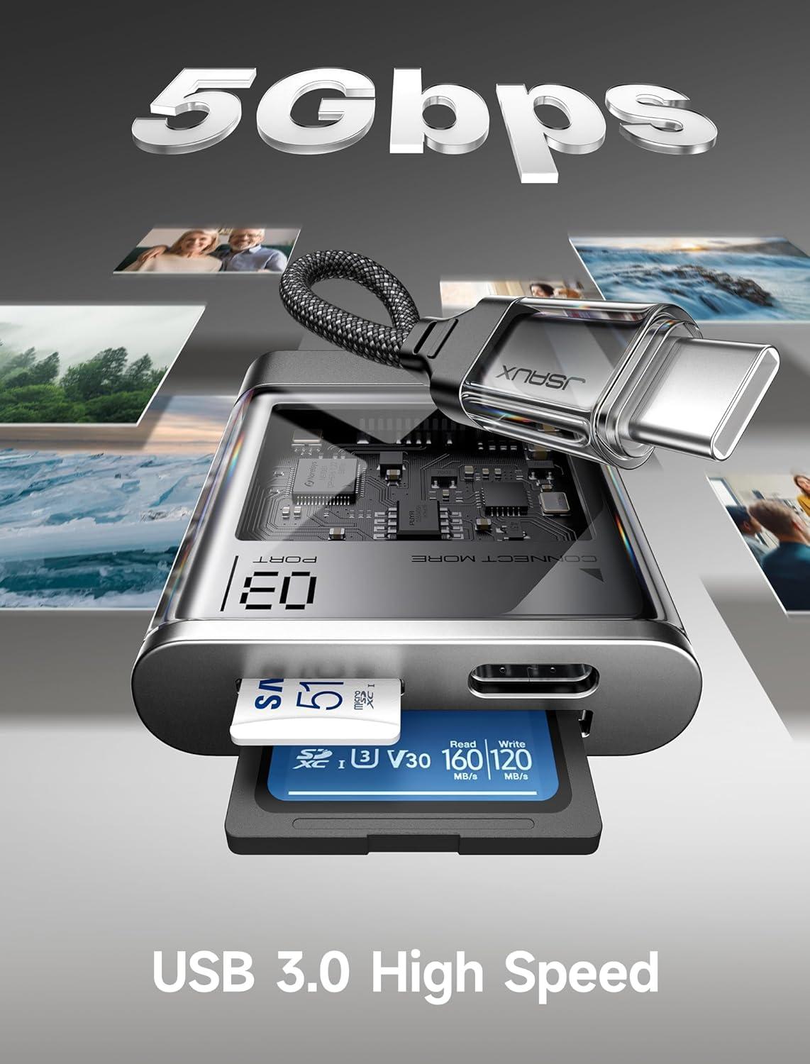 imageJSAUX 3in1 SD Card Reader USB C 5Gbps with PD 60W Fast Charging Type C Micro SD Memory Card Reader for TF SD Micro SD SDXC SDHC Compatible with iPhone 16 Pro Max MacBook Galaxy iPad Pro CameraTransparent Black