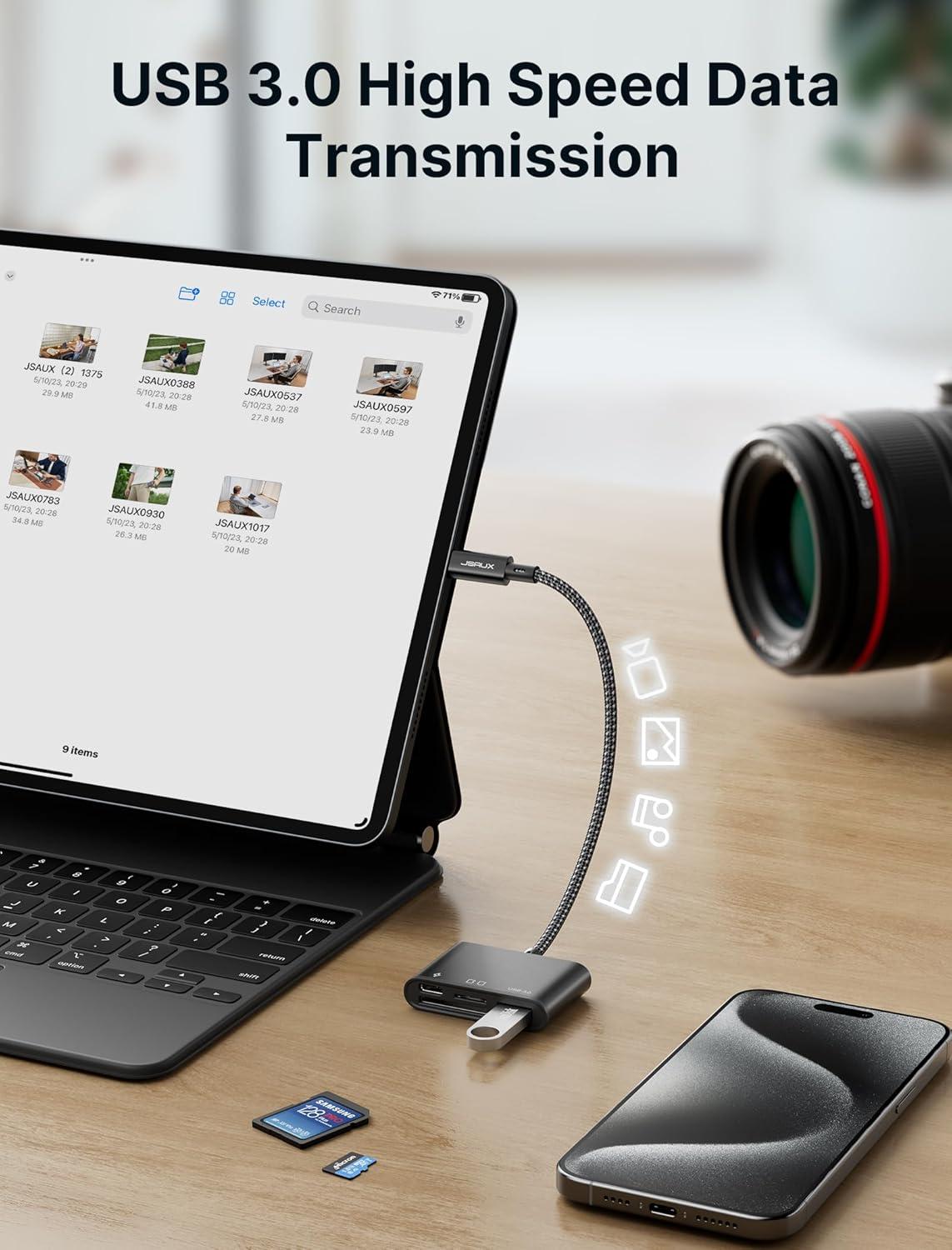 imageJSAUX 3in1 SD Card Reader USB C 5Gbps with PD 60W Fast Charging Type C Micro SD Memory Card Reader for TF SD Micro SD SDXC SDHC Compatible with iPhone 16 Pro Max MacBook Galaxy iPad Pro CameraBlack