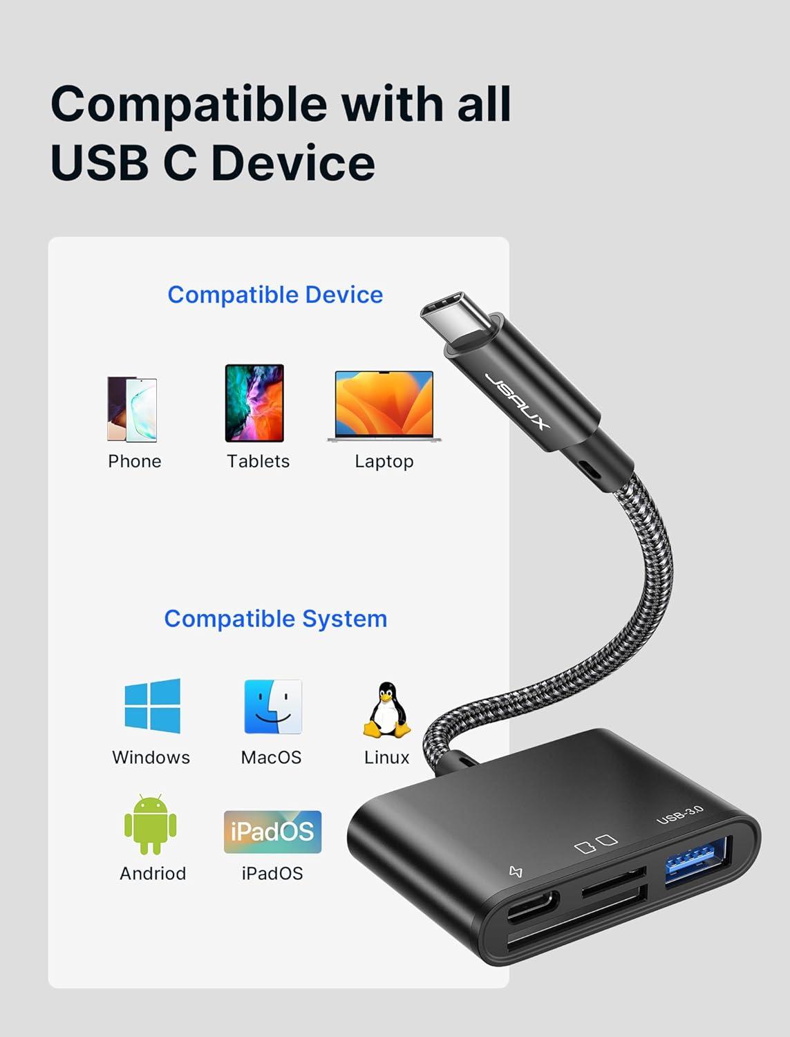 imageJSAUX 3in1 SD Card Reader USB C 5Gbps with PD 60W Fast Charging Type C Micro SD Memory Card Reader for TF SD Micro SD SDXC SDHC Compatible with iPhone 16 Pro Max MacBook Galaxy iPad Pro CameraBlack