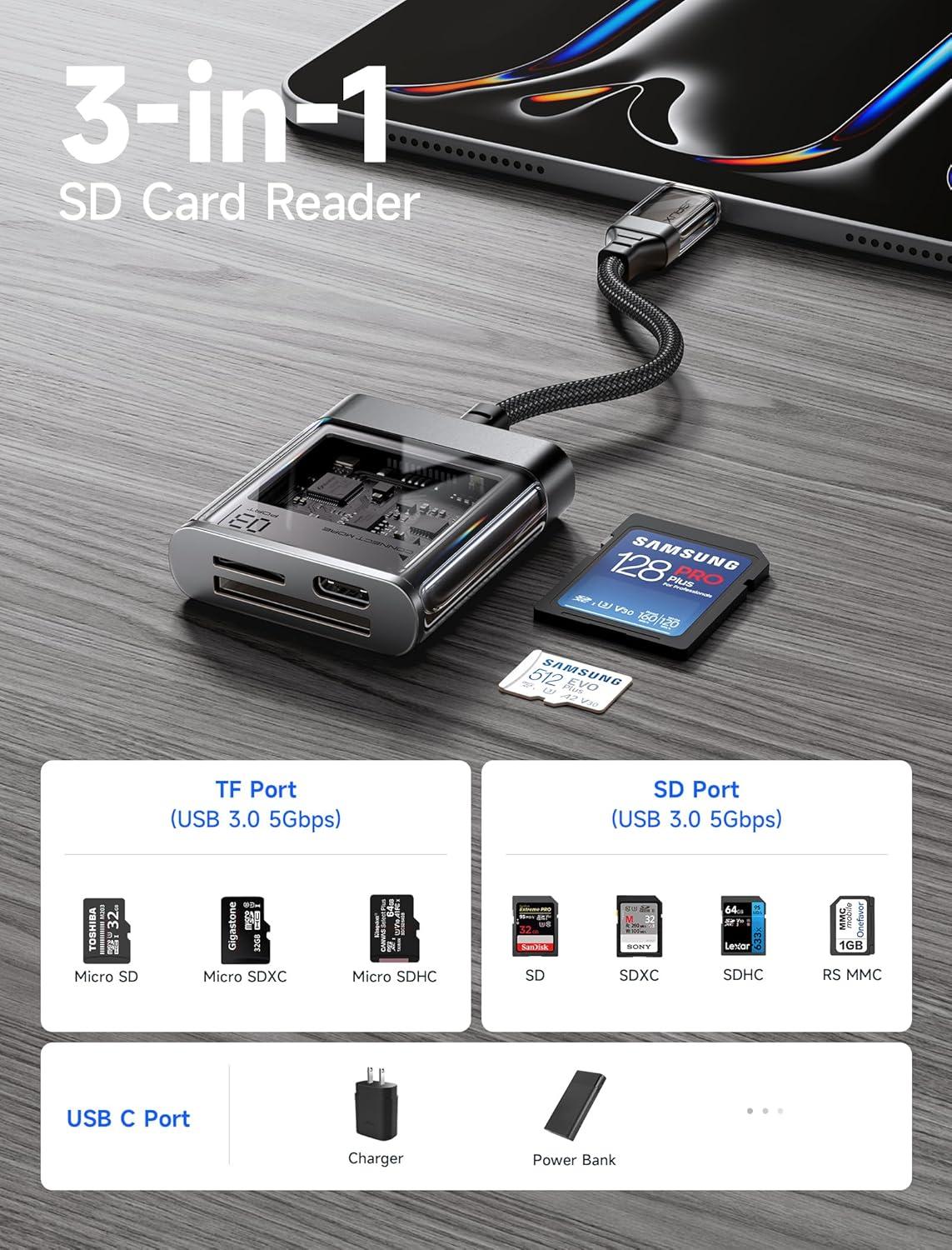 imageJSAUX 3in1 SD Card Reader USB C 5Gbps with PD 60W Fast Charging Type C Micro SD Memory Card Reader for TF SD Micro SD SDXC SDHC Compatible with iPhone 16 Pro Max MacBook Galaxy iPad Pro CameraTransparent Black