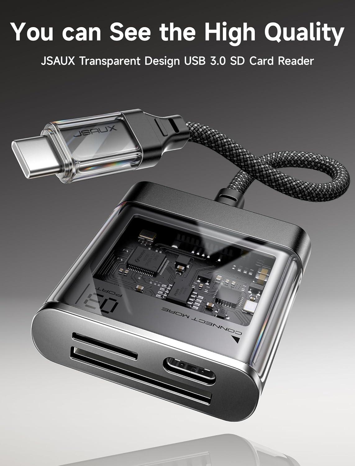 imageJSAUX 3in1 SD Card Reader USB C 5Gbps with PD 60W Fast Charging Type C Micro SD Memory Card Reader for TF SD Micro SD SDXC SDHC Compatible with iPhone 16 Pro Max MacBook Galaxy iPad Pro CameraTransparent Black