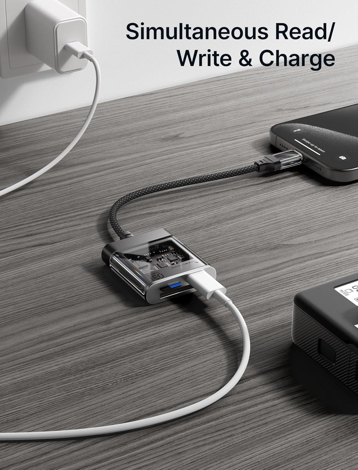 imageJSAUX 3in1 SD Card Reader USB C 5Gbps with PD 60W Fast Charging Type C Micro SD Memory Card Reader for TF SD Micro SD SDXC SDHC Compatible with iPhone 16 Pro Max MacBook Galaxy iPad Pro CameraTransparent Black