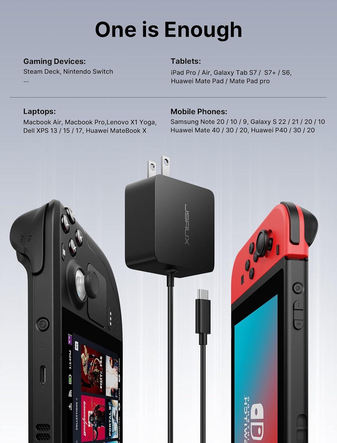 imageJSAUX 45W USB C Charger for Steam DeckOLED 5FT Cable Type C PD 30 45 Watt Fast Charging Compatible with Steam Deck SwitchOLED iPhone Air171615 Samsung S25 S24 S23 S22 Pixel iPad MacBook45 watt