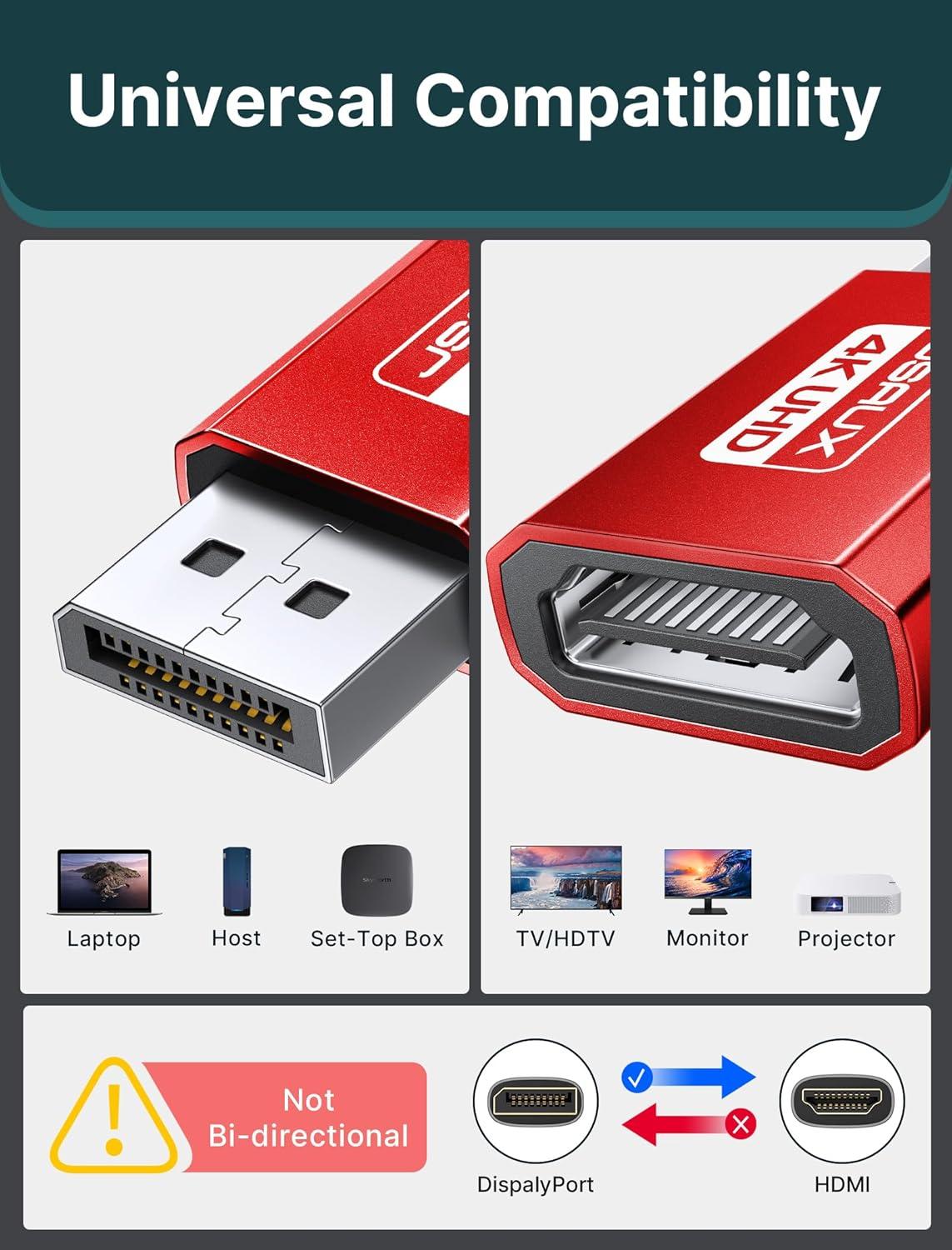 imageJSAUX 4K DisplayPort to HDMI Adapter 2Pack DP PC to HDMI Monitor Converter Video UHD 2K120Hz4K30 DP to HDTV Male to Female UniDirectional Adapter Compatible with Dell Lenovo HPGPU AMD GreyRed