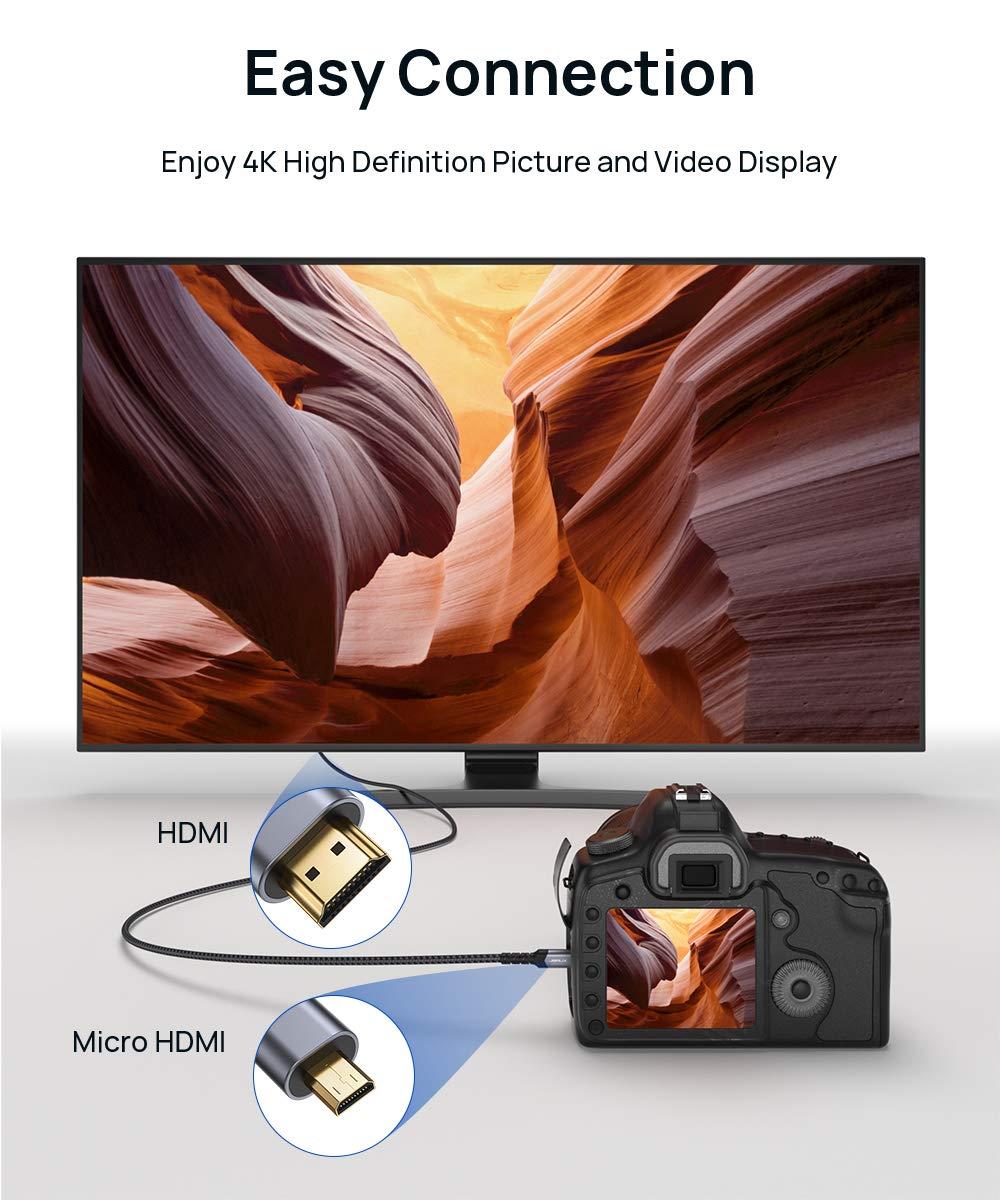 imageJSAUX 4K Micro HDMI to HDMI Cable Micro HDMI Male to HDMI Male Cable Adapter Nylon Braided Support 4K60Hz HDR 3D ARC 18Gbps Compatible with Sport Camera Sony A6000 A6300 and More 66FTGrey