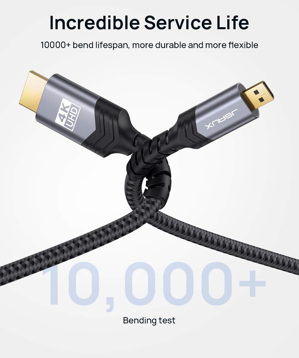imageJSAUX 4K Micro HDMI to HDMI Cable Micro HDMI Male to HDMI Male Cable Adapter Nylon Braided Support 4K60Hz HDR 3D ARC 18Gbps Compatible with Sport Camera Sony A6000 A6300 and More 66FTGrey