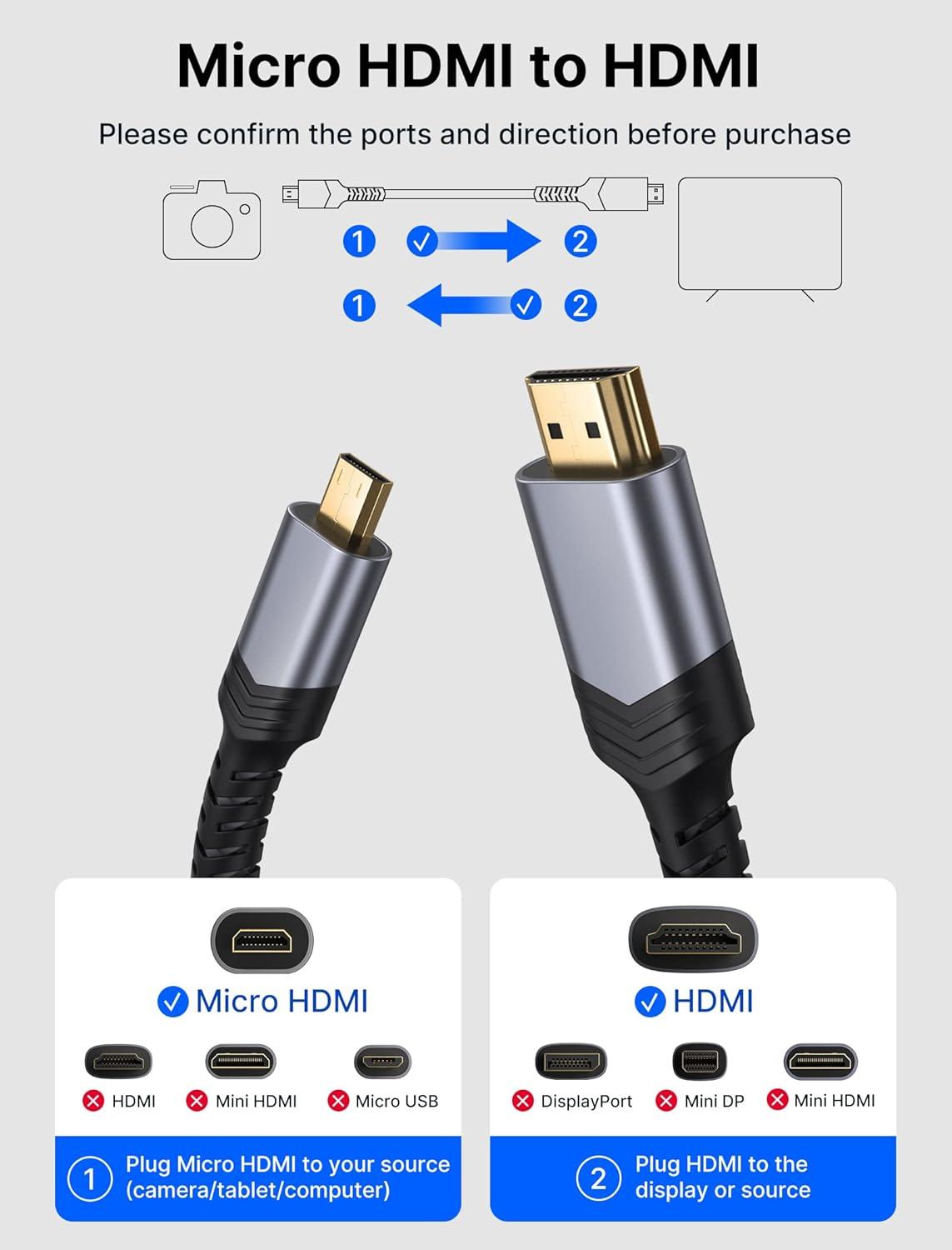 imageJSAUX 4K Micro HDMI to HDMI Cable Micro HDMI Male to HDMI Male Cable Adapter Nylon Braided Support 4K60Hz HDR 3D ARC 18Gbps Compatible with Sport Camera Sony A6000 A6300 and More 66FTGrey