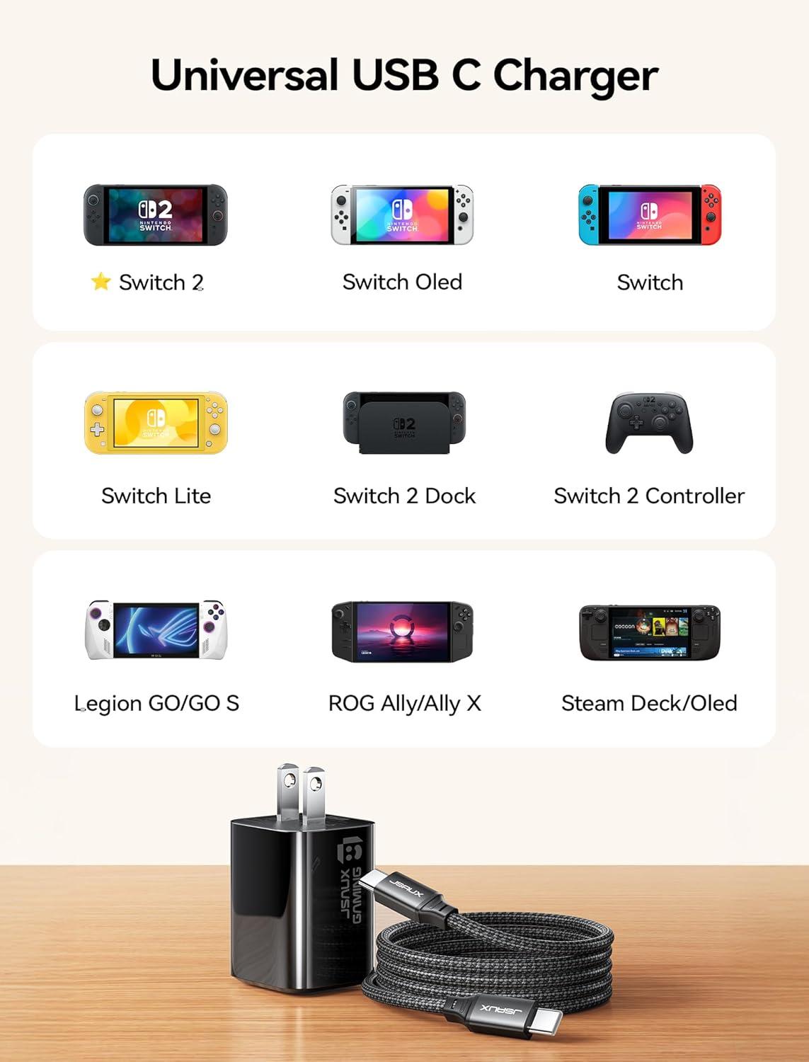 imageJSAUX 60W USB C Charger for Nintendo Switch 2 Support TV Mode Portable Charger with 66ft Cable GaN PD 30 Fast Charging Compatible with Nintendo Switch2SwitchOLEDLiteSteam Deck