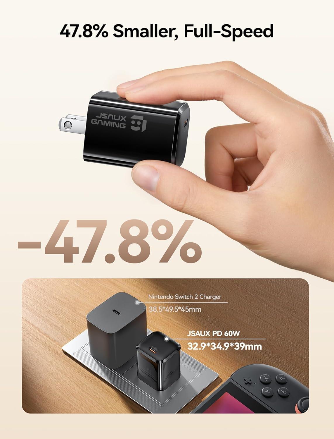 imageJSAUX 60W USB C Charger for Nintendo Switch 2 Support TV Mode Portable Charger with 66ft Cable GaN PD 30 Fast Charging Compatible with Nintendo Switch2SwitchOLEDLiteSteam Deck