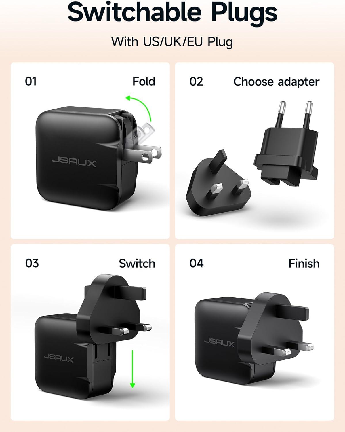imageJSAUX 65W USB C Charger for Nintendo Switch 2 Powers in TV Mode with EUUK Plug ampamp 66FT Cable GaN PD Fast Charging for ROG Xbox Ally Steam Deck ROG Ally iPhone 17 Tablet ampamp Laptop  BlueampampOrangeBlack