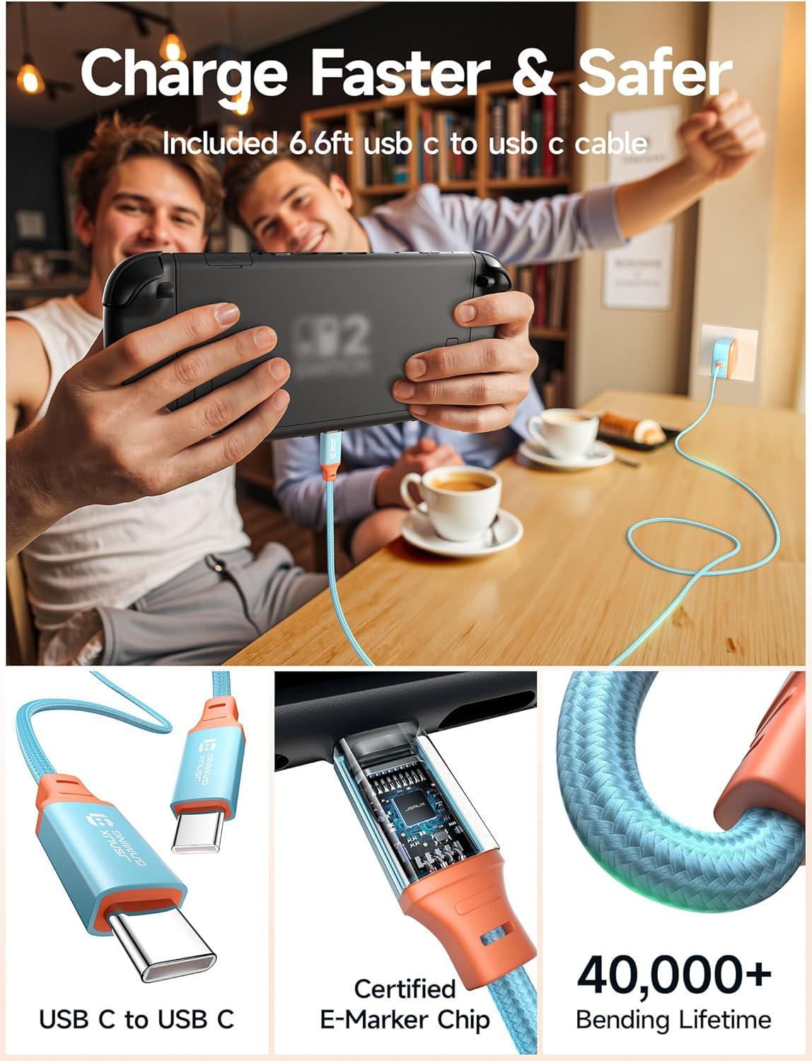 imageJSAUX 65W USB C Charger for Nintendo Switch 2 Powers in TV Mode with EUUK Plug ampamp 66FT Cable GaN PD Fast Charging for ROG Xbox Ally Steam Deck ROG Ally iPhone 17 Tablet ampamp Laptop  BlueampampOrangeBlueOrange