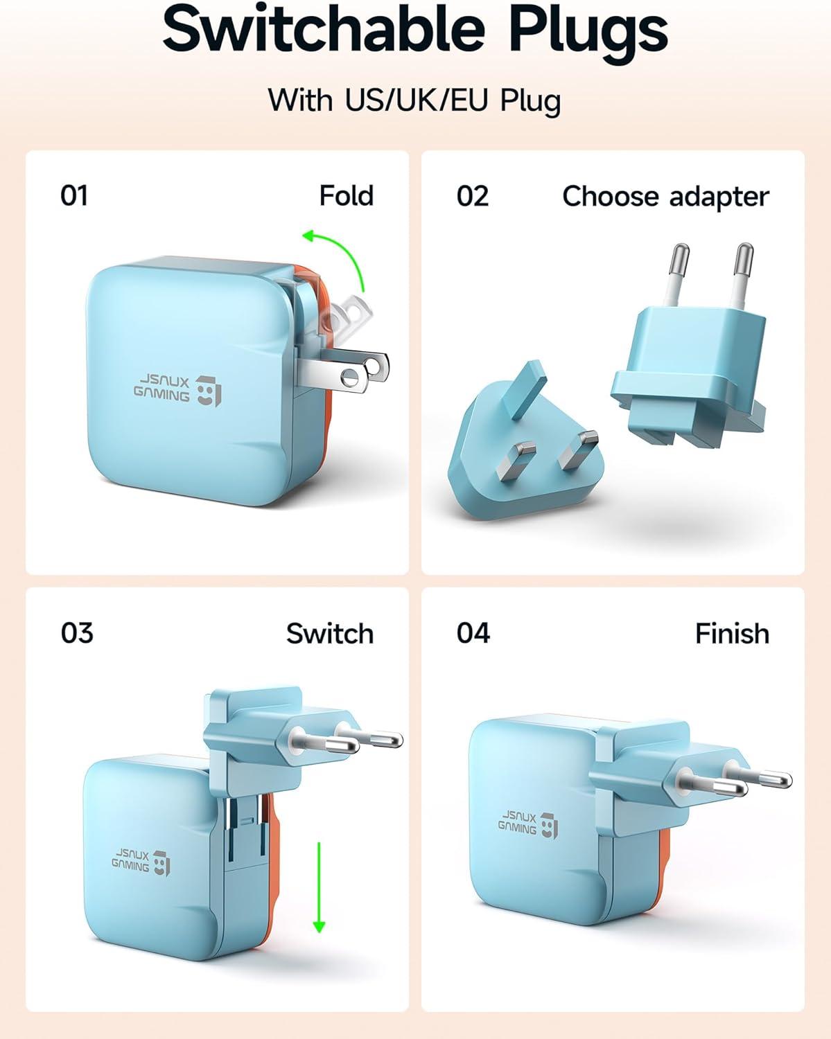 imageJSAUX 65W USB C Charger for Nintendo Switch 2 Powers in TV Mode with EUUK Plug ampamp 66FT Cable GaN PD Fast Charging for ROG Xbox Ally Steam Deck ROG Ally iPhone 17 Tablet ampamp Laptop  BlueampampOrangeBlueOrange