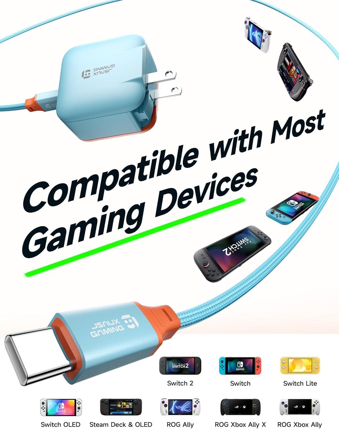 imageJSAUX 65W USB C Charger for Nintendo Switch 2 Powers in TV Mode with EUUK Plug ampamp 66FT Cable GaN PD Fast Charging for ROG Xbox Ally Steam Deck ROG Ally iPhone 17 Tablet ampamp Laptop  BlueampampOrangeBlueOrange