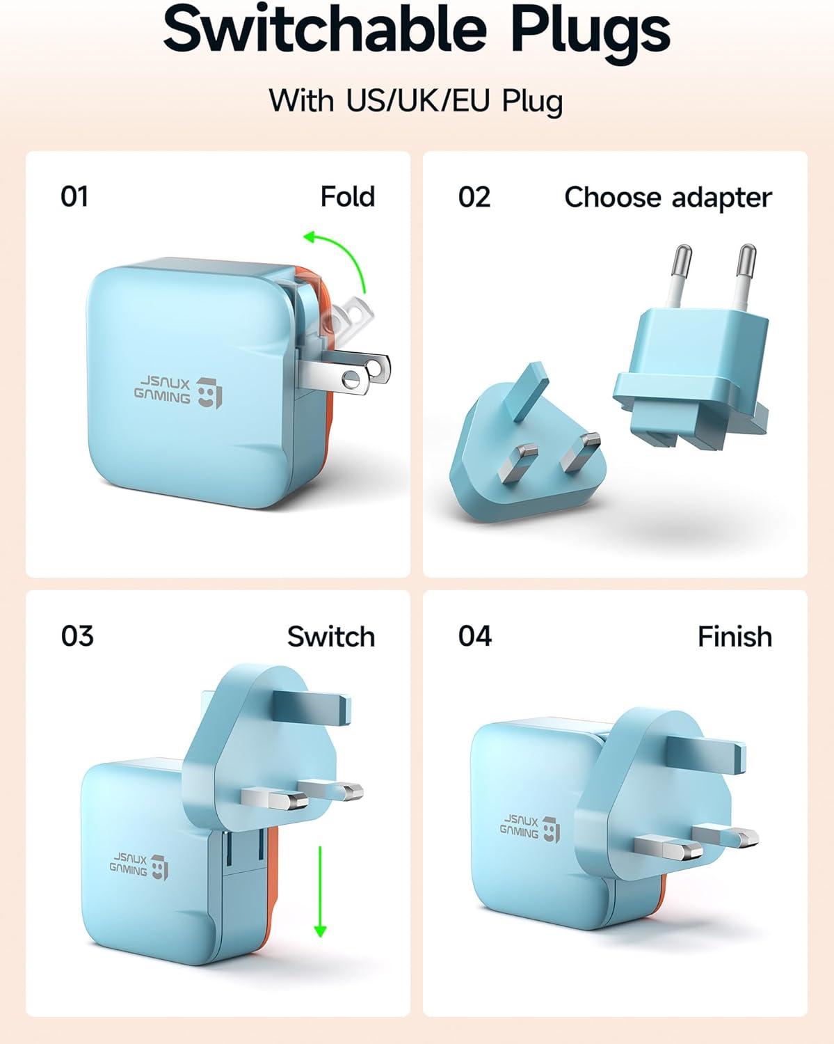 imageJSAUX 65W USB C Charger for Nintendo Switch 2 Powers in TV Mode with EUUK Plug ampamp 66FT Cable GaN PD Fast Charging for ROG Xbox Ally Steam Deck ROG Ally iPhone 17 Tablet ampamp Laptop  BlueampampOrangeBlueOrange