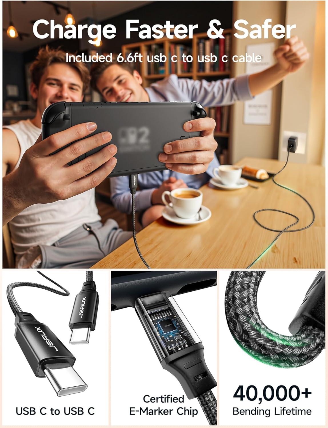 imageJSAUX 65W USB C Charger for Nintendo Switch 2 Powers in TV Mode with EUUK Plug ampamp 66FT Cable GaN PD Fast Charging for ROG Xbox Ally Steam Deck ROG Ally iPhone 17 Tablet ampamp Laptop  BlueampampOrangeBlack