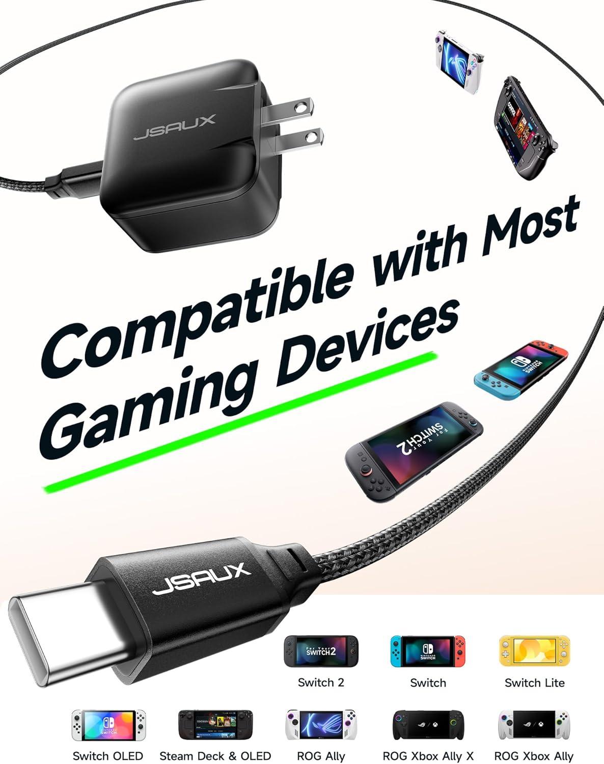 imageJSAUX 65W USB C Charger for Nintendo Switch 2 Powers in TV Mode with EUUK Plug ampamp 66FT Cable GaN PD Fast Charging for ROG Xbox Ally Steam Deck ROG Ally iPhone 17 Tablet ampamp Laptop  BlueampampOrangeBlack