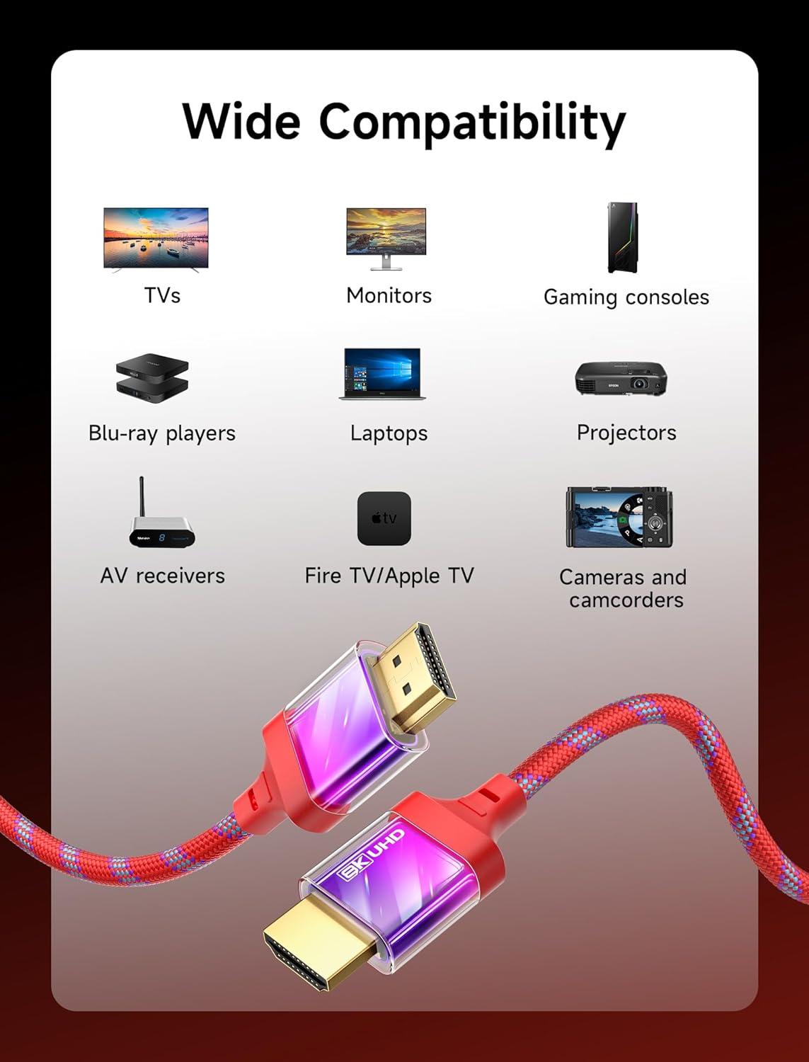 imageJSAUX 8K Certified HDMI 21 Cable 10FT HDMI Cord 8K60Hz 7680x4320 4K120Hz Supports 48Gbps eARC HDR10 HDCP 22 ampamp 23 3D Compatible with PS5 PS4 XBox Series X LGMulticolored