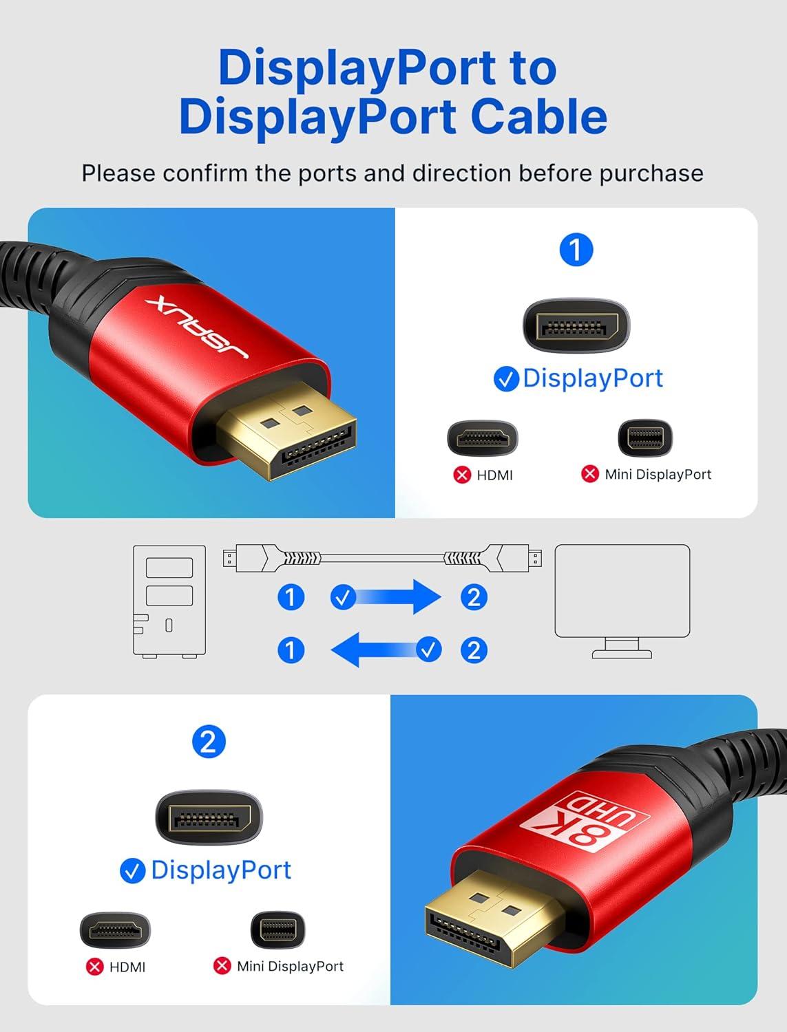 imageJSAUX 8K Displayport Cable 14 DP to DP Cable 66ft8K60Hz 2K240Hz 4K144Hz 324Gbps Compatible with Gaming Laptop TV PC Computer MonitorRedRed