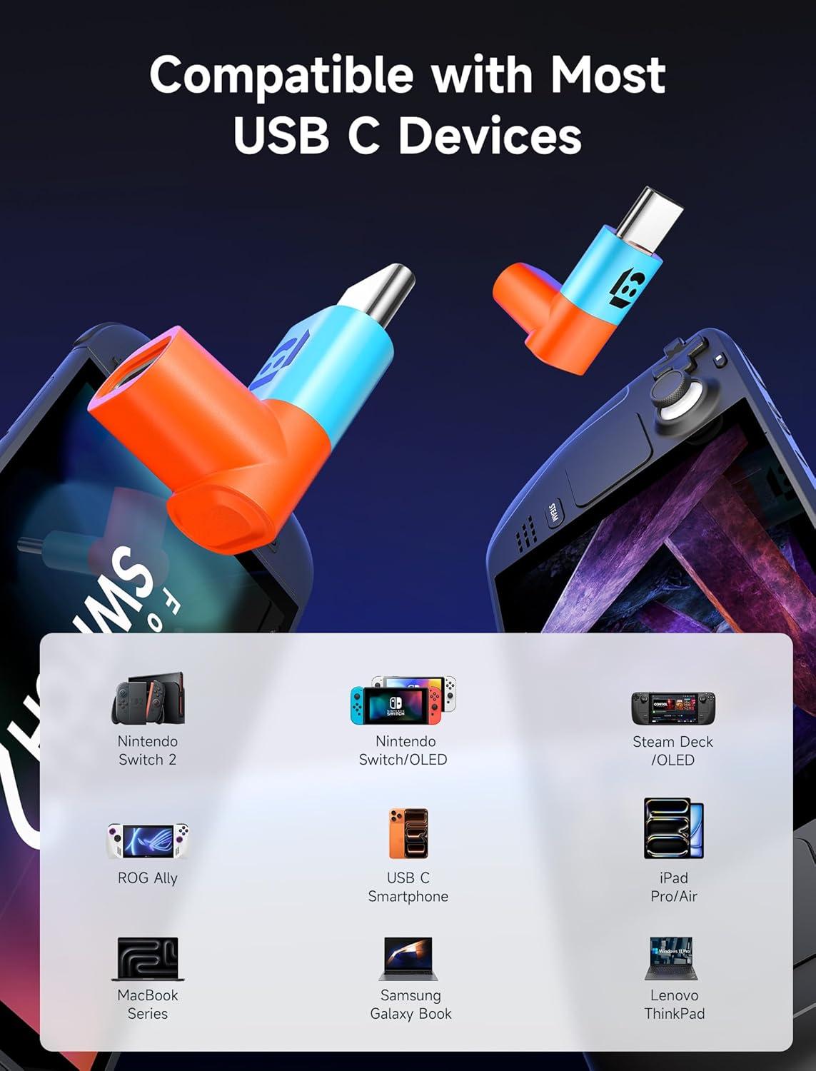 imageJSAUX 90 Degree USB C to USB C Adapter 2Pack 100W 40Gbps Data Transfer Right Angle TypeC Adapter for Steam Deck Switch 2 ROG Ally iPhone Air iPhone 151617 Series and More USBC Devices  GreyBlueOrange