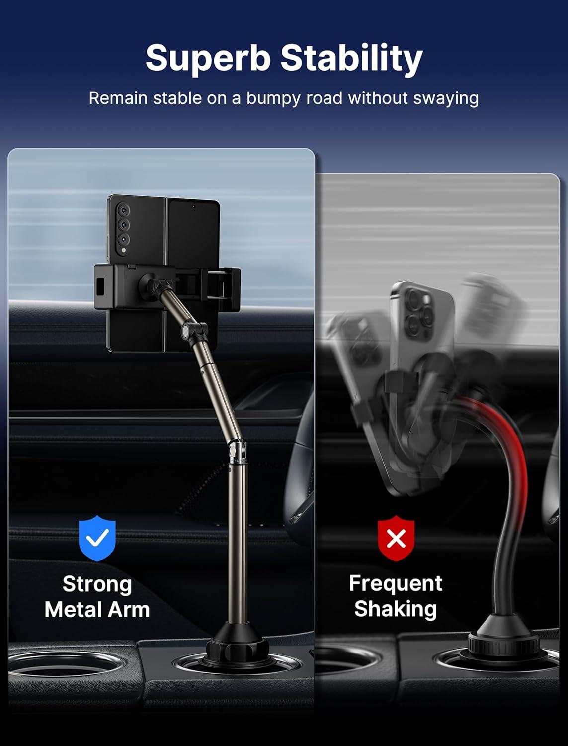 imageJSAUX Car Cup Holder Cellphone Mount Metal LongArm Ultra Stable Phone Holder for Car Cupholders  Adjustable for iPhone 16 15 Pro Max 13 12 11 Samsung Galaxy S24 S23 Ultra Google Pixel 9 ProFlexMount
