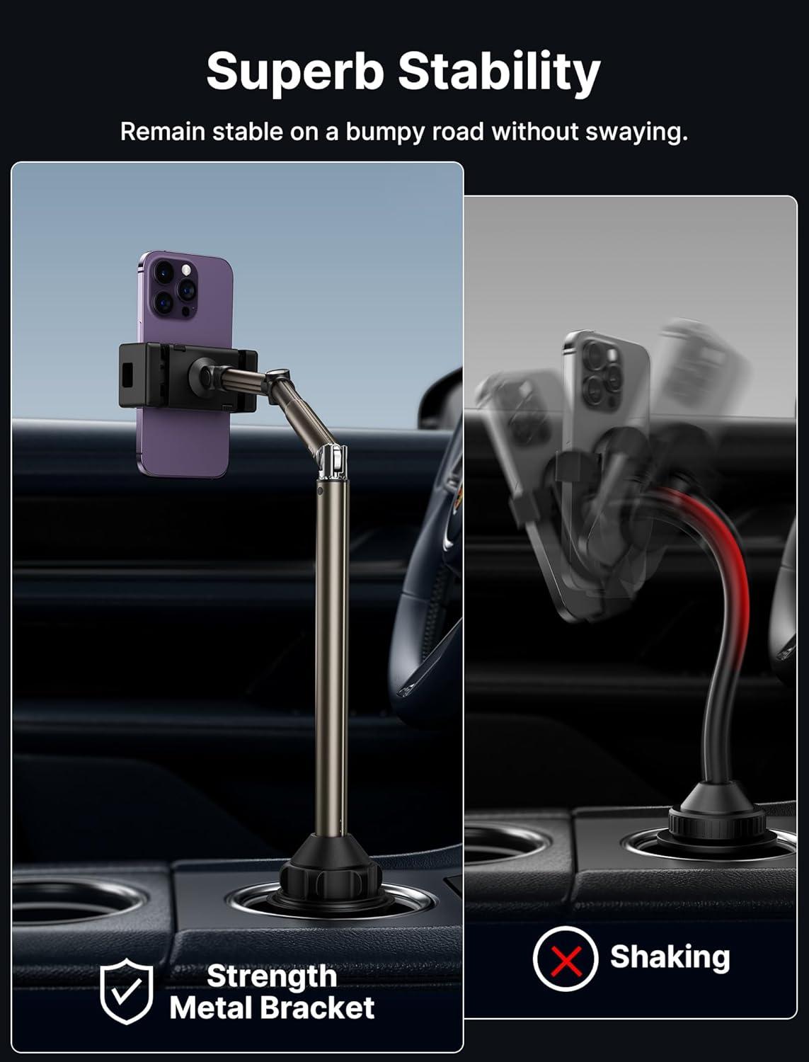 imageJSAUX Car Cup Holder Cellphone Mount Metal LongArm Ultra Stable Phone Holder for Car Cupholders  Adjustable for iPhone 16 15 Pro Max 13 12 11 Samsung Galaxy S24 S23 Ultra Google Pixel 9 ProClipMount