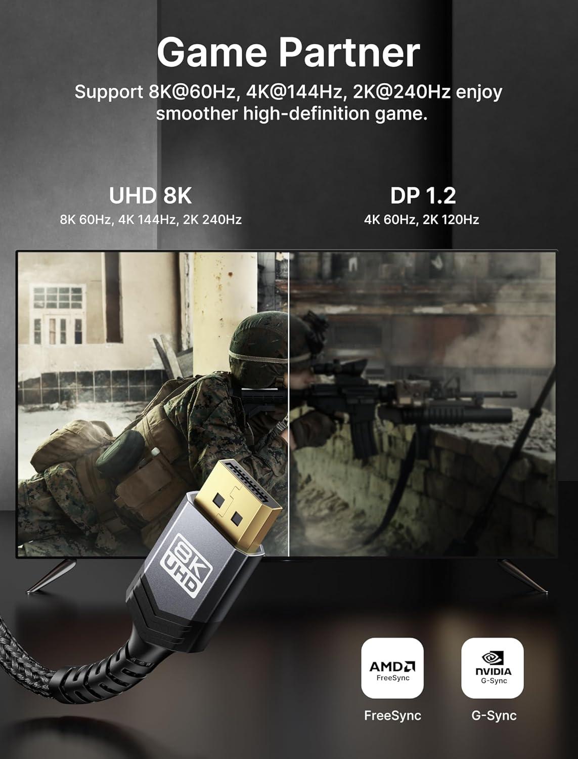 imageJSAUX DisplayPort Cable 14 10ft 8K DP Cable  8K60Hz 4K144Hz 2K240Hz 2K165Hz  HBR3 324Gbps HDR10 FreeSync GSync for Gaming Monitor Graphics Card TV PC Laptop GreyGrey