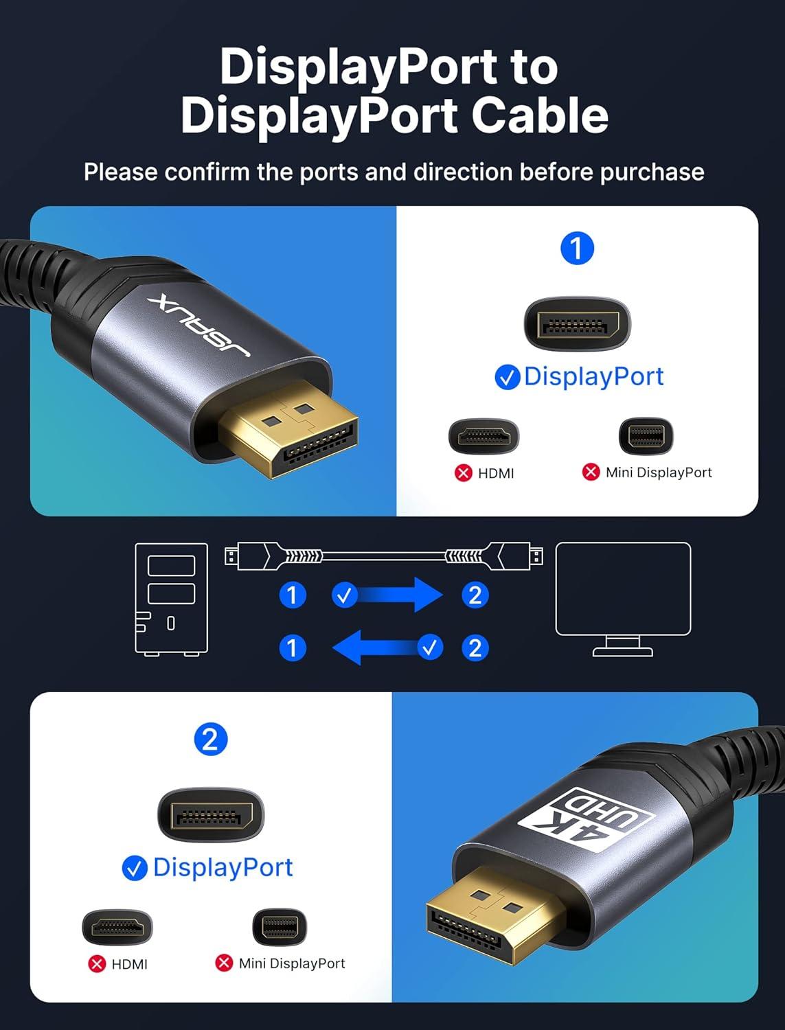 imageJSAUX DisplayPort Cable 2 Pack 10ft 4K DP 12 Cable  4K60Hz 2K165Hz 2K144Hz  HDR 216Gbps FreeSync GSync Display Port Cord for Gaming Monitor Graphics 3090 PC GreyGrey