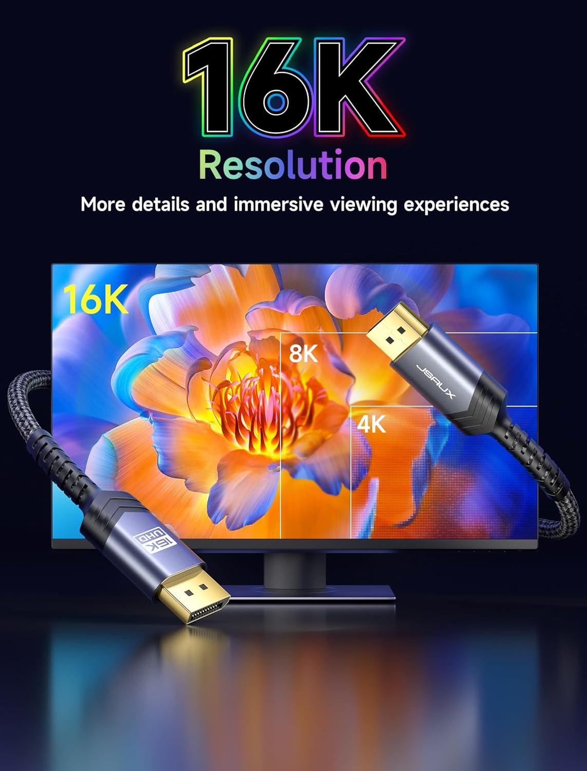 imageJSAUX Displayport Cable 10ft 21 DP 21 Cord Support 16K60Hz 8K120Hz 4K240Hz 80Gbps Backward Compatible with DP14DP12 Display Port 21 Cable Compatible with Monitor Laptop Graphics66ft