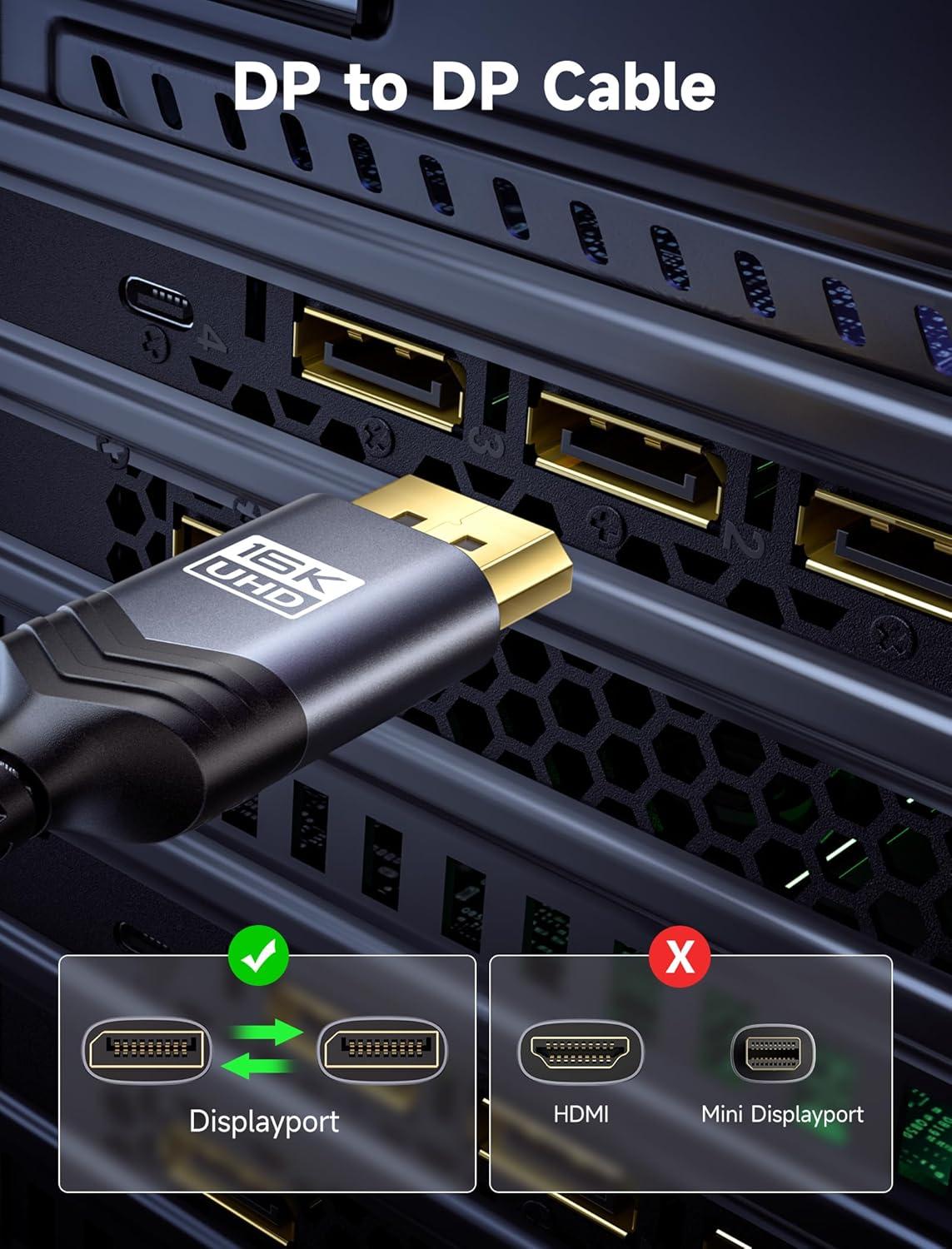 imageJSAUX Displayport Cable 10ft 21 DP 21 Cord Support 16K60Hz 8K120Hz 4K240Hz 80Gbps Backward Compatible with DP14DP12 Display Port 21 Cable Compatible with Monitor Laptop Graphics10ft