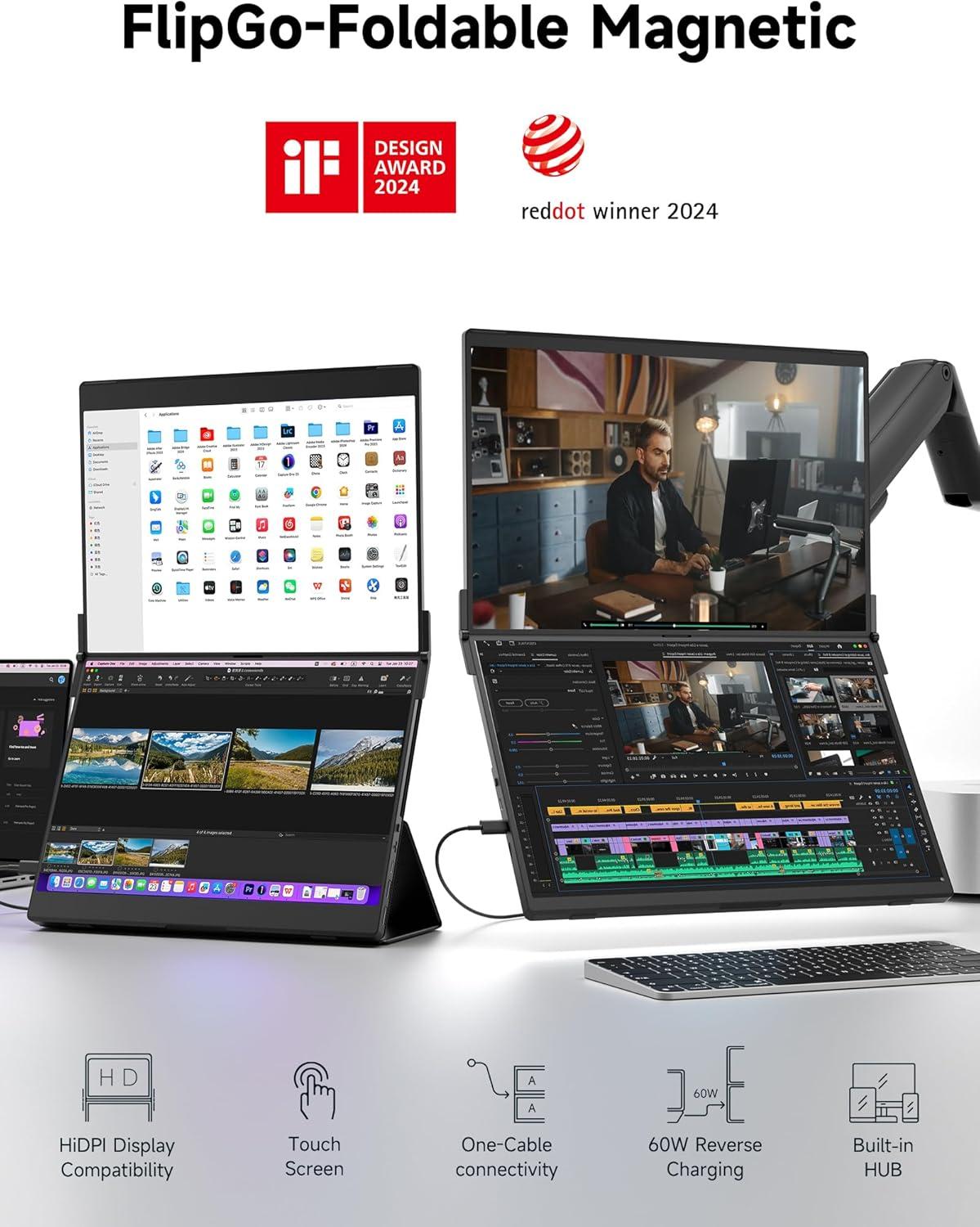 imageJSAUX FlipGo 135quot 22K Dual Touchscreen Portable Monitor Triple Laptop Touch IPS Screen Extender  HiDPI Display  One Cable to Dual Screen  Builtin HUB  Magnetic Design for Windows