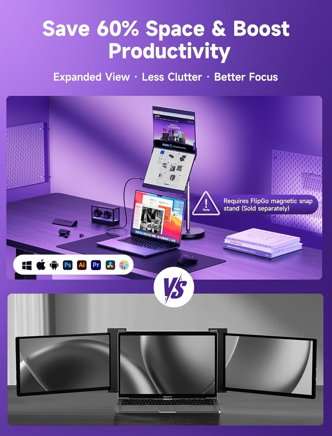 imageJSAUX FlipGo Touchscreen 16quot Dual Portable Monitor 25K Triple Laptop Touch IPS Screen Foldable Extender for Laptopfor WindowsLinux One Cable to DualMagnetic DesignBuiltin HUBHiDPI DisplayPro 135