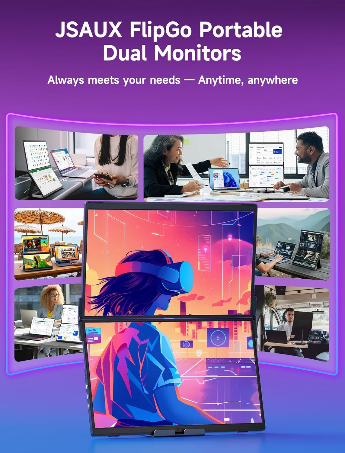 imageJSAUX FlipGo Touchscreen 16quot Dual Portable Monitor 25K Triple Laptop Touch IPS Screen Foldable Extender for Laptopfor WindowsLinux One Cable to DualMagnetic DesignBuiltin HUBHiDPI DisplayPro 156