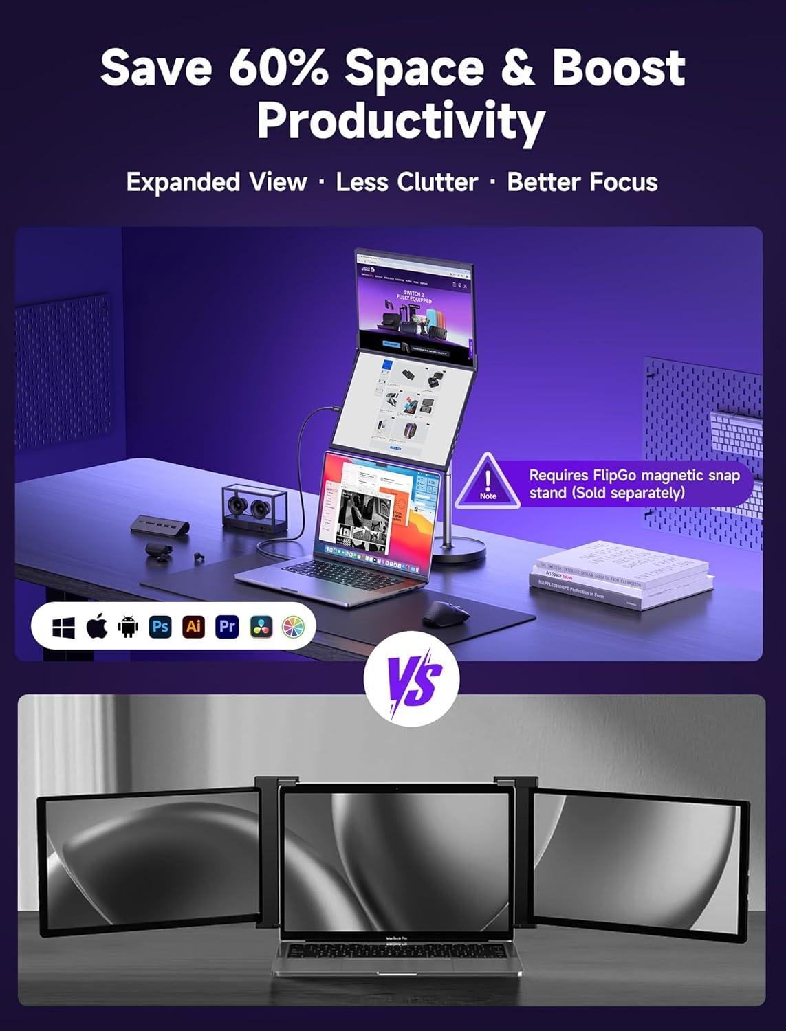 imageJSAUX FlipGo Touchscreen 16quot Dual Portable Monitor 25K Triple Laptop Touch IPS Screen Foldable Extender for Laptopfor WindowsLinux One Cable to DualMagnetic DesignBuiltin HUBHiDPI DisplayPro 16