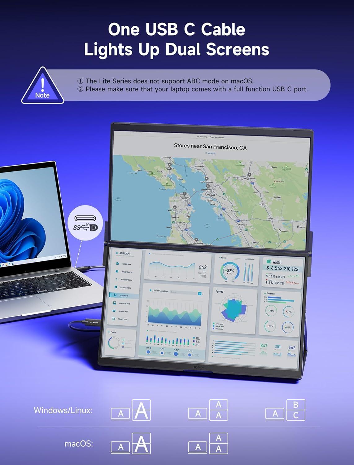 imageJSAUX FlipGo Touchscreen 16quot Dual Portable Monitor 25K Triple Laptop Touch IPS Screen Foldable Extender for Laptopfor WindowsLinux One Cable to DualMagnetic DesignBuiltin HUBHiDPI DisplayLite 156