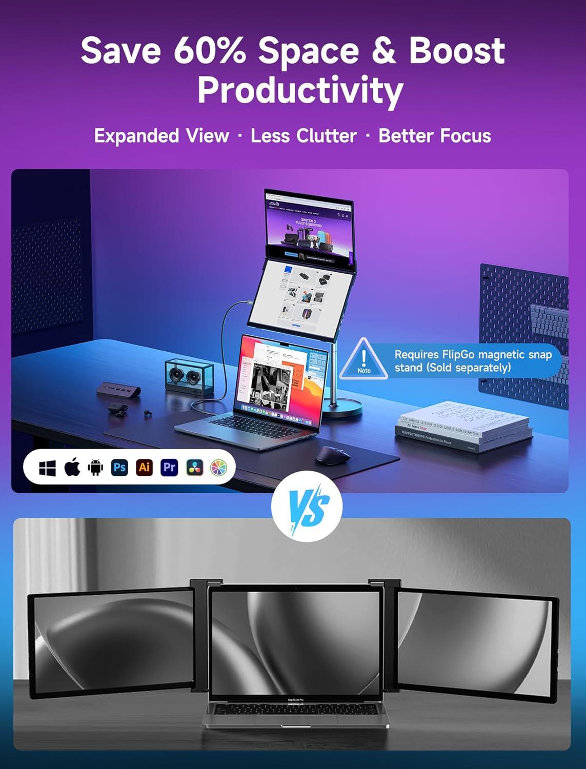 imageJSAUX FlipGo Touchscreen 16quot Dual Portable Monitor 25K Triple Laptop Touch IPS Screen Foldable Extender for Laptopfor WindowsLinux One Cable to DualMagnetic DesignBuiltin HUBHiDPI DisplayPro 156