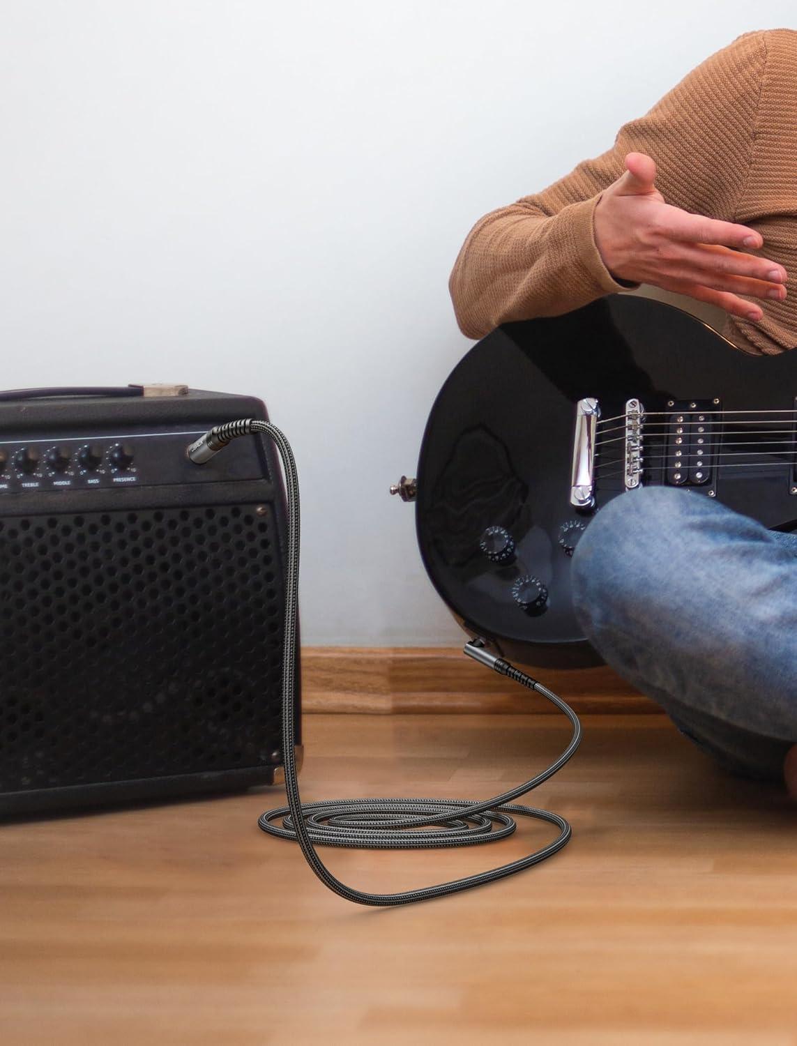 imageJSAUX Guitar Cable 10 ft Amp Cord for Electric GuitarMandolinBass Pro Audio Instrument Cable with 14quot TipsTS Port Right Angle to StraightGrayGrey