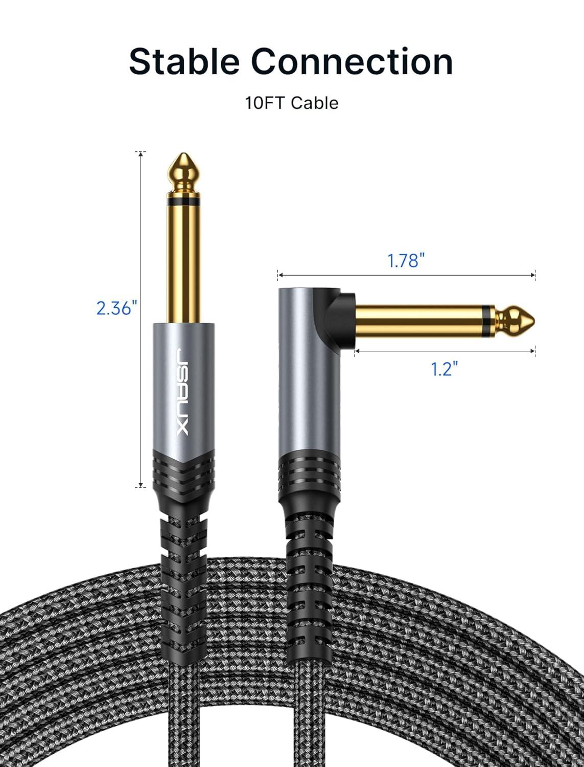 imageJSAUX Guitar Cable 10 ft Amp Cord for Electric GuitarMandolinBass Pro Audio Instrument Cable with 14quot TipsTS Port Right Angle to StraightGrayGrey