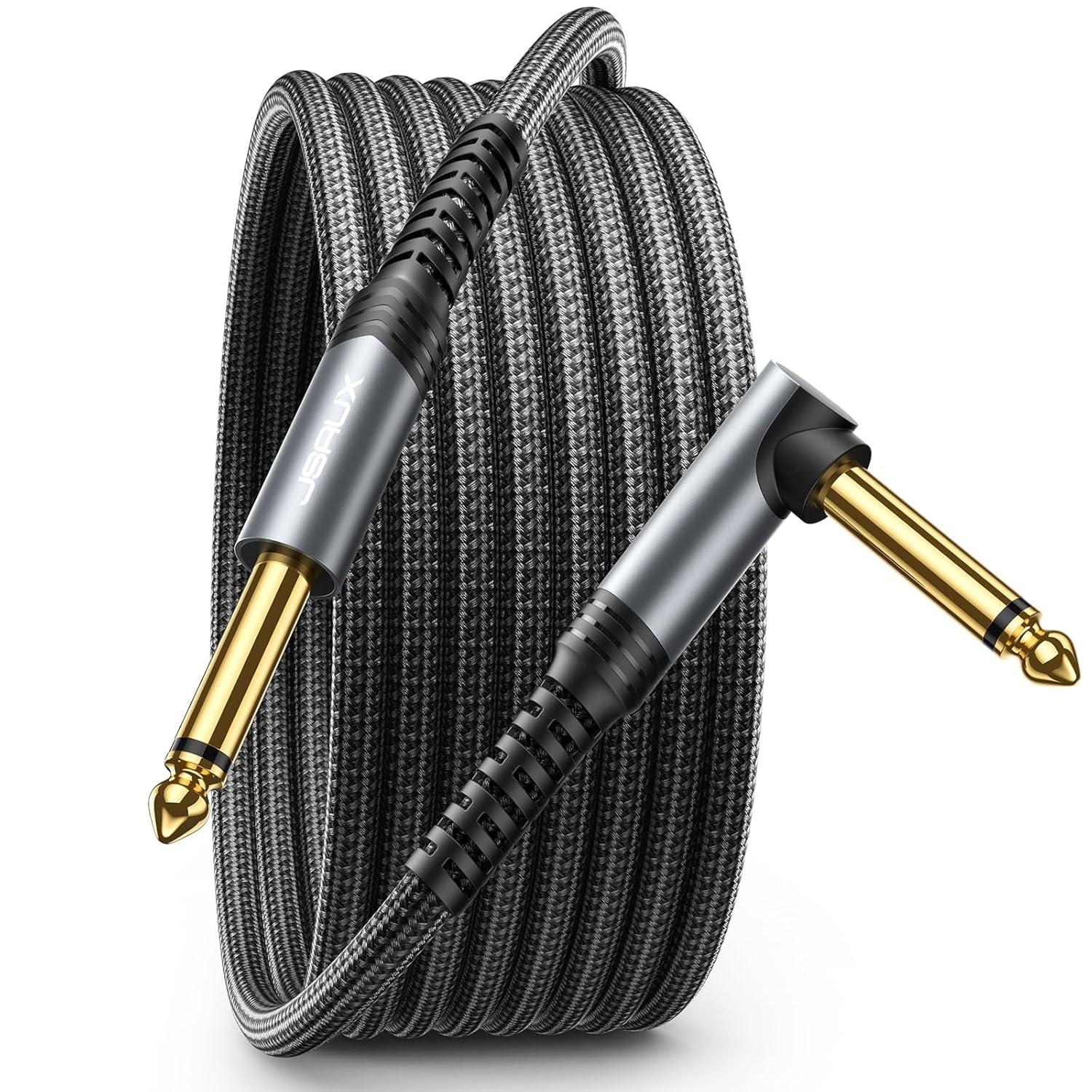 imageJSAUX Guitar Cable 10 ft Amp Cord for Electric GuitarMandolinBass Pro Audio Instrument Cable with 14quot TipsTS Port Right Angle to StraightGrayGrey