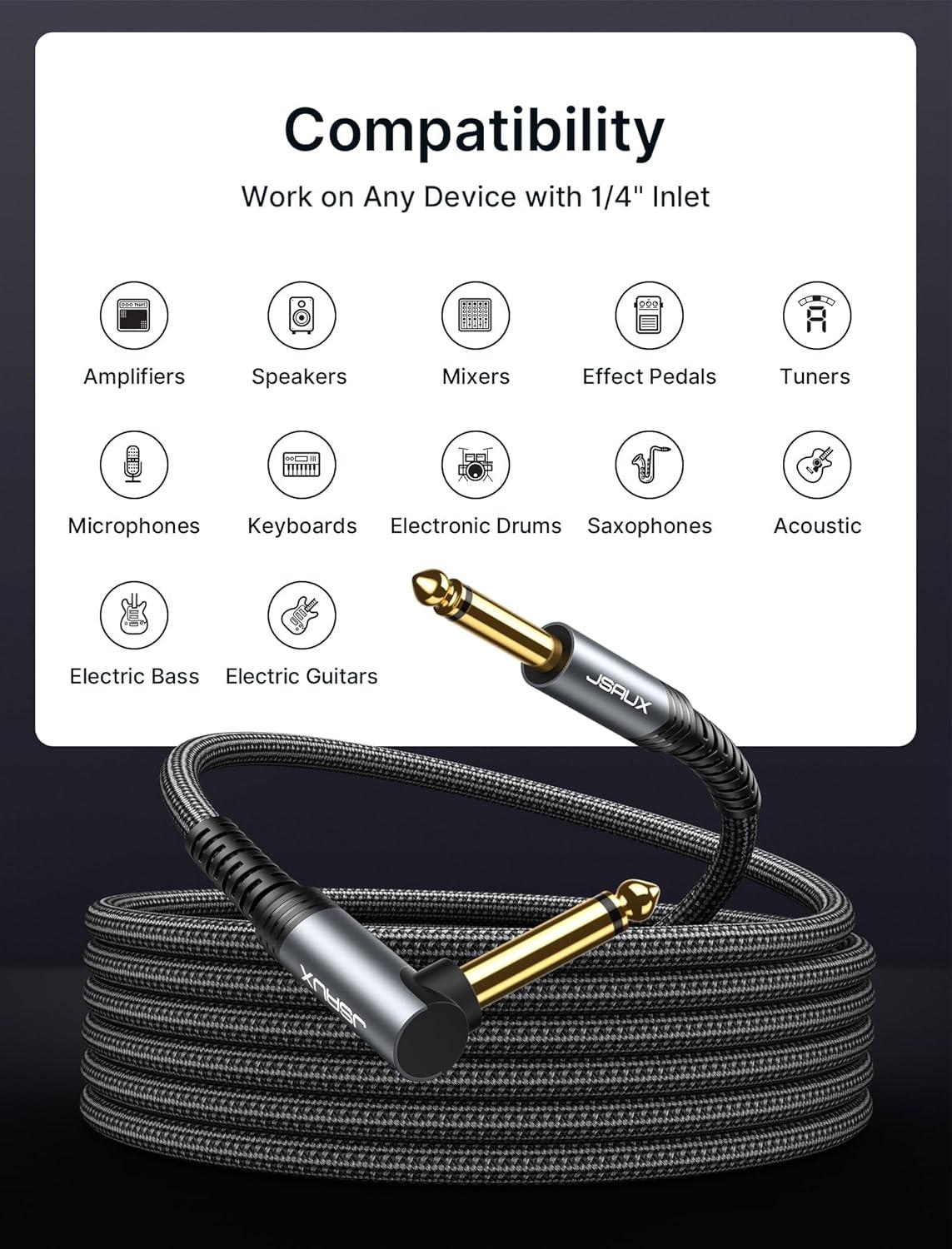 imageJSAUX Guitar Cable 10 ft Amp Cord for Electric GuitarMandolinBass Pro Audio Instrument Cable with 14quot TipsTS Port Right Angle to StraightGrayGrey